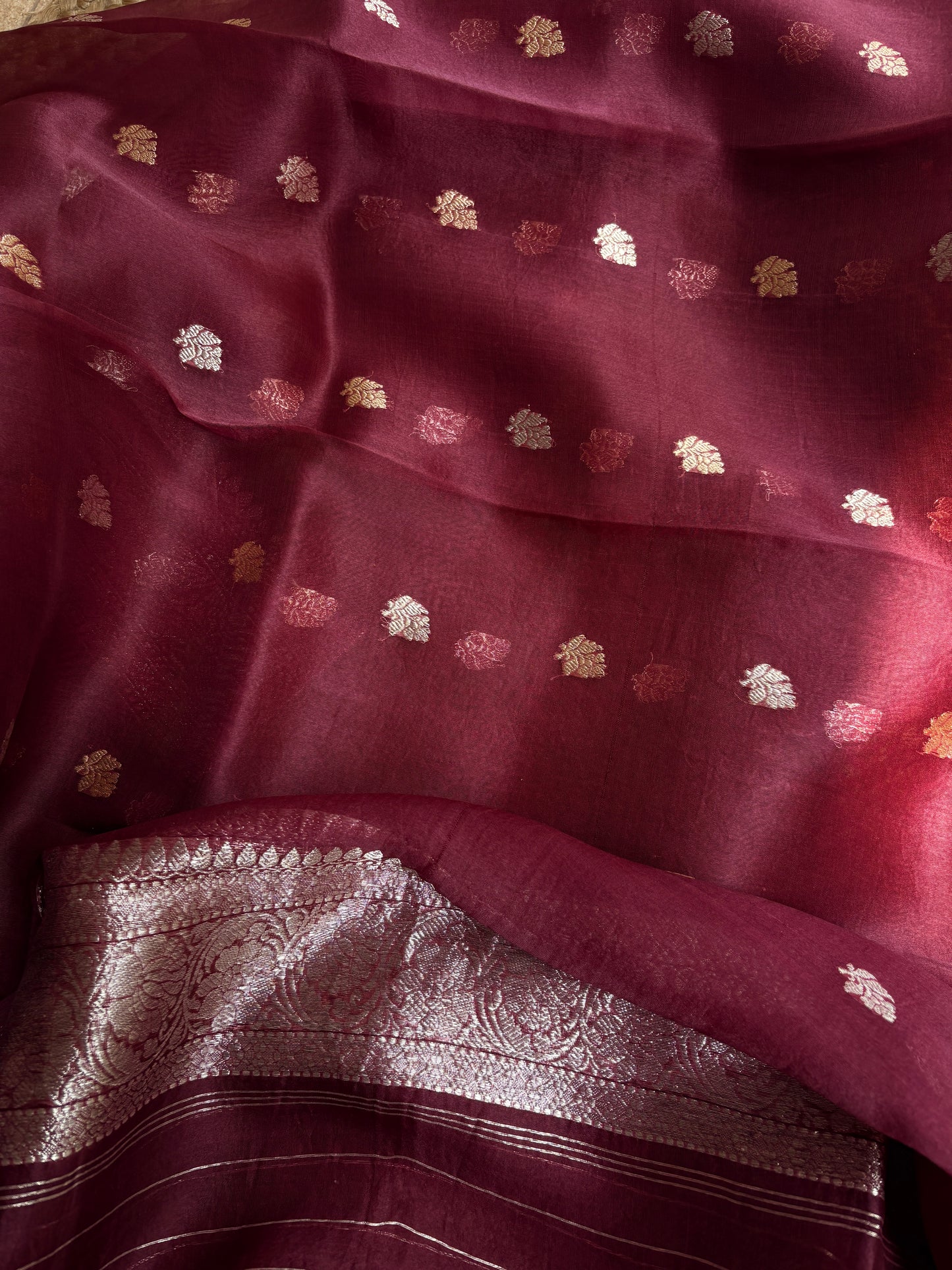 Maroon chiniya silver zari kadhwa kurta, kora silver zari dupatta, plain bottom