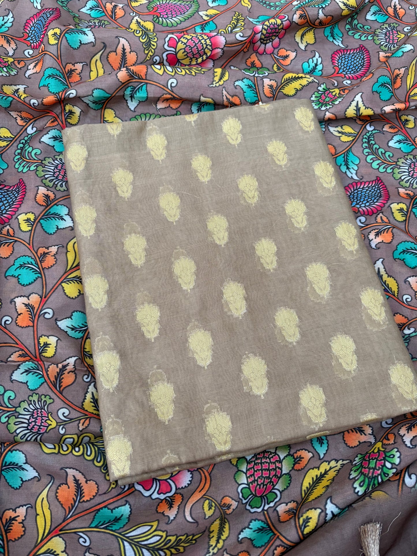 Beige cotton suit with digital printed dupatta