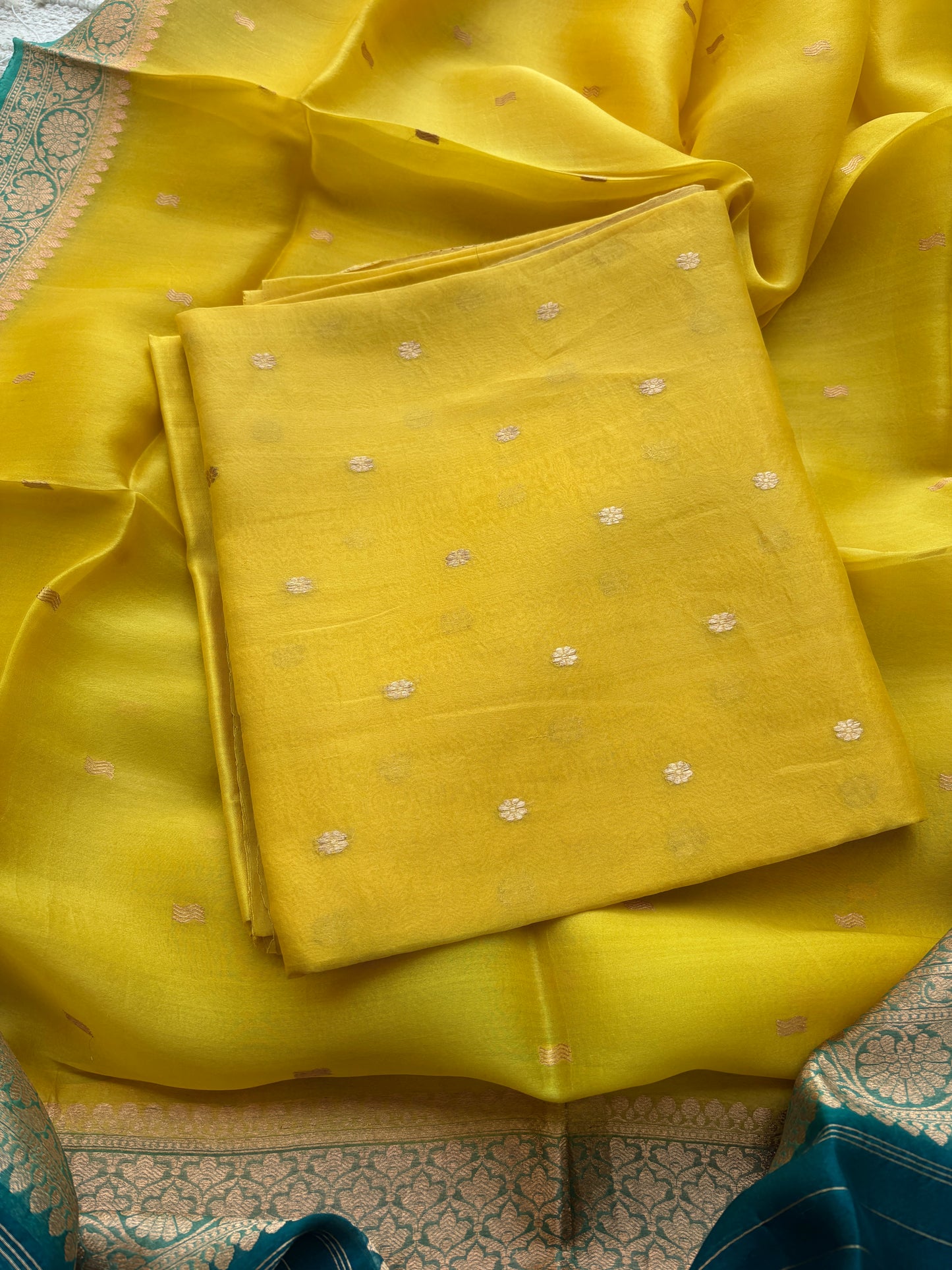 Yellow kora suit with shaded dupatta