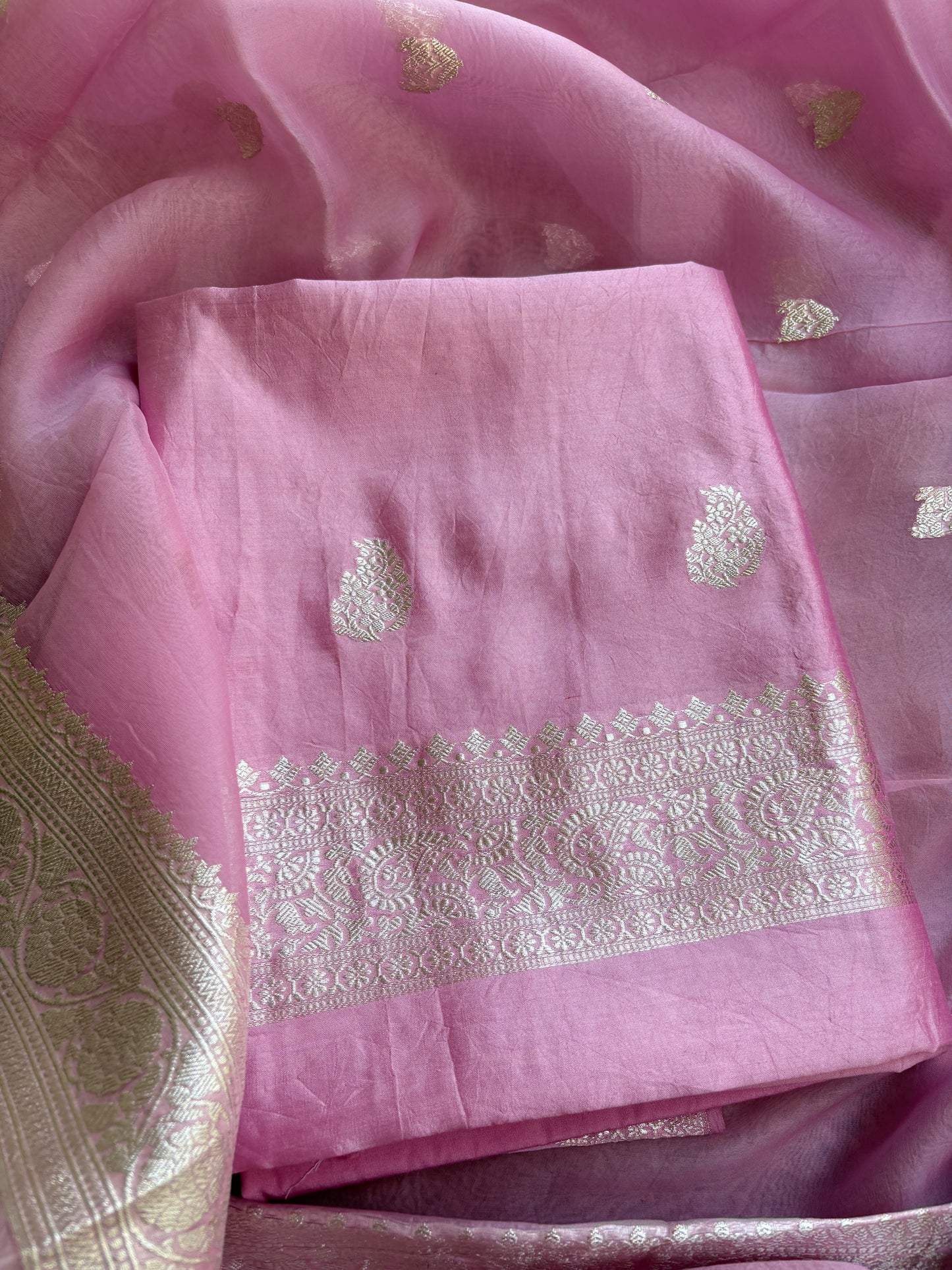 Pink Chiniya kora silver zari suit set
