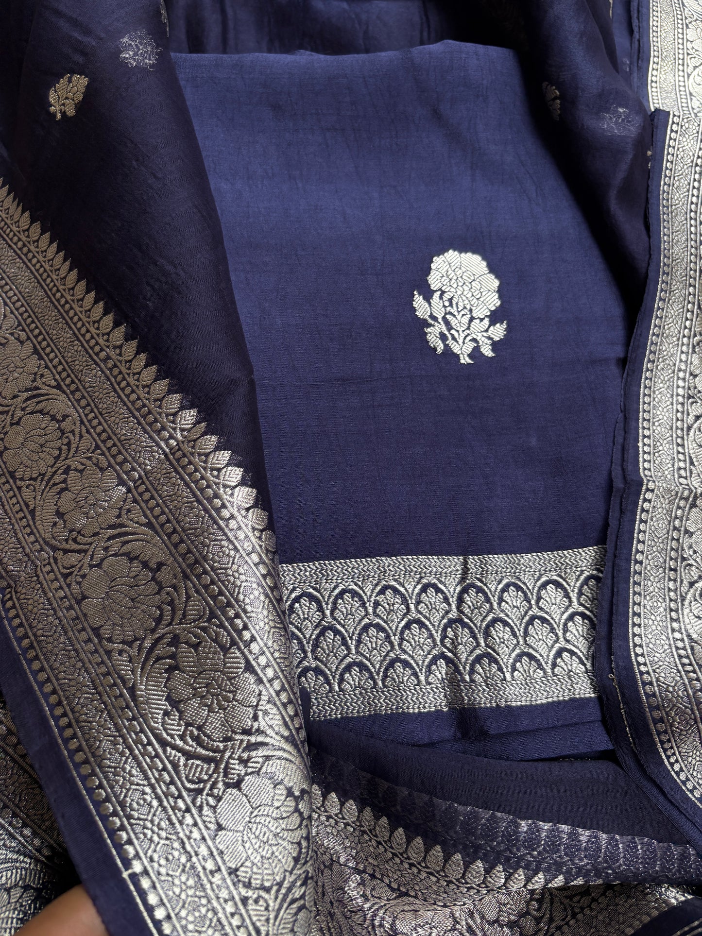 Blue Chiniya kora Chiniya silver zari suit set