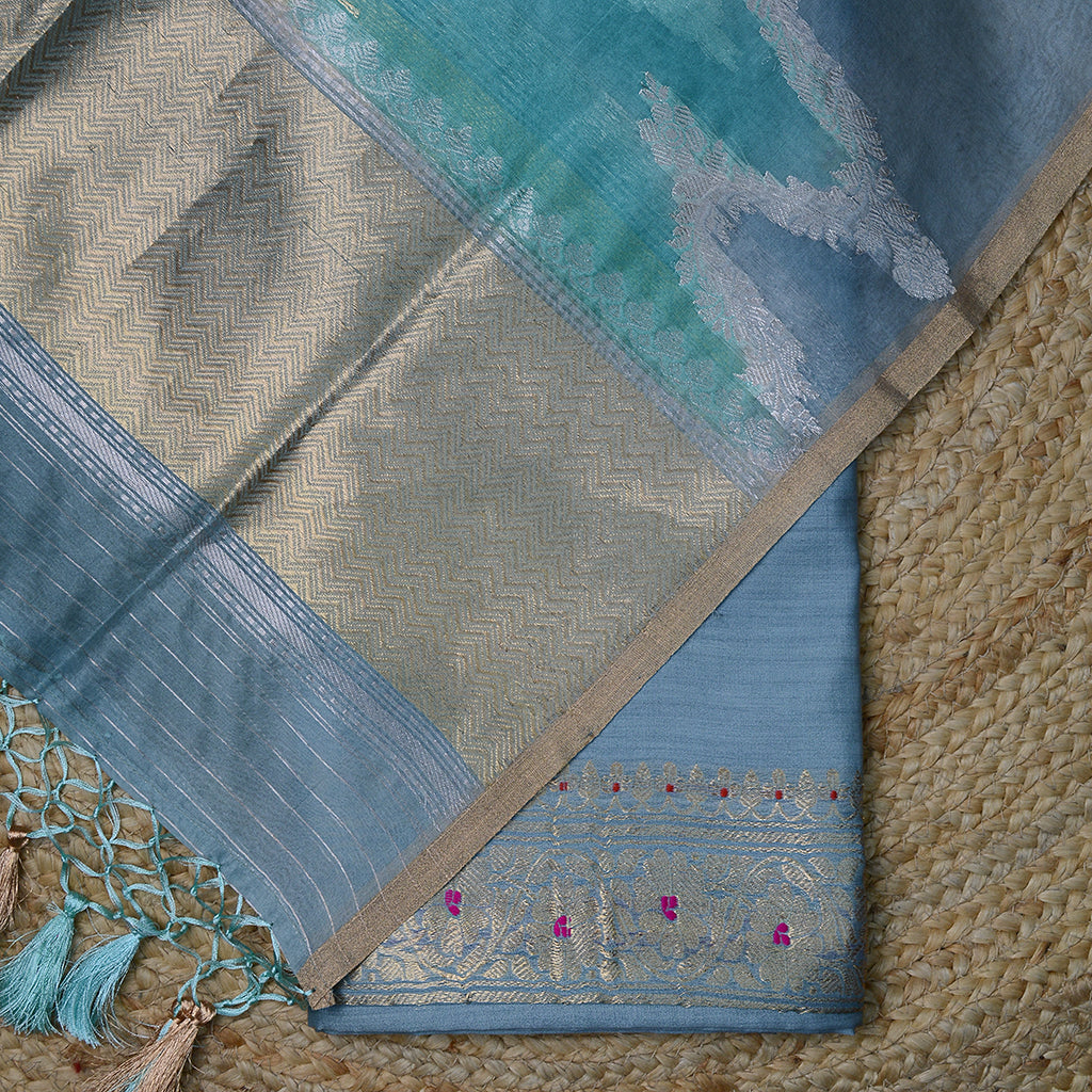 Blue Chiniya silk with rangkata kora dupatta