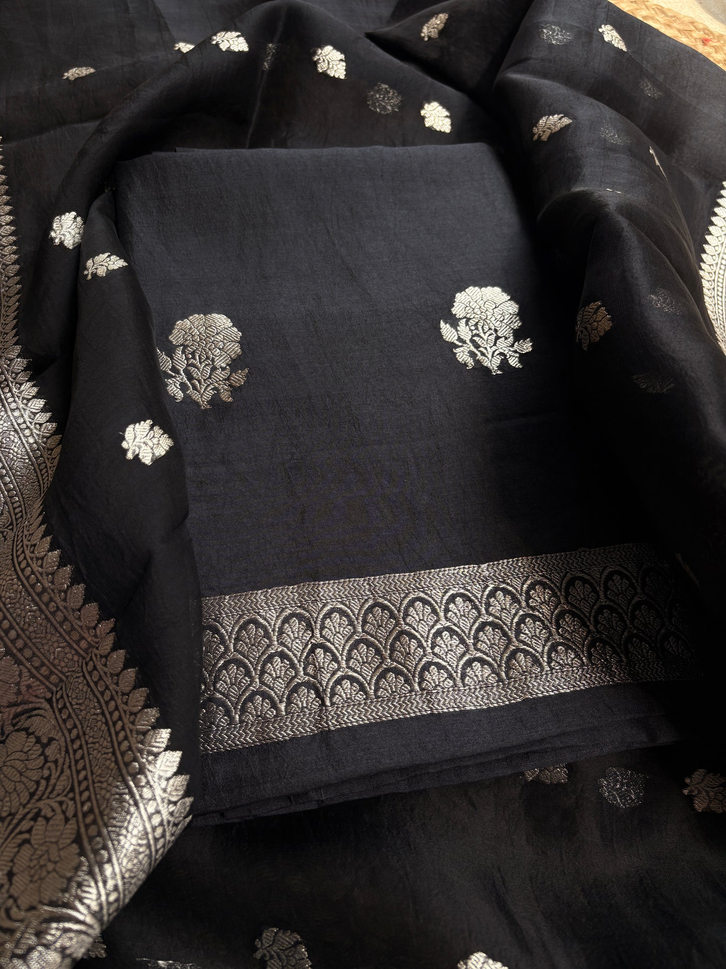 Black silver zari Chiniya silk suit set