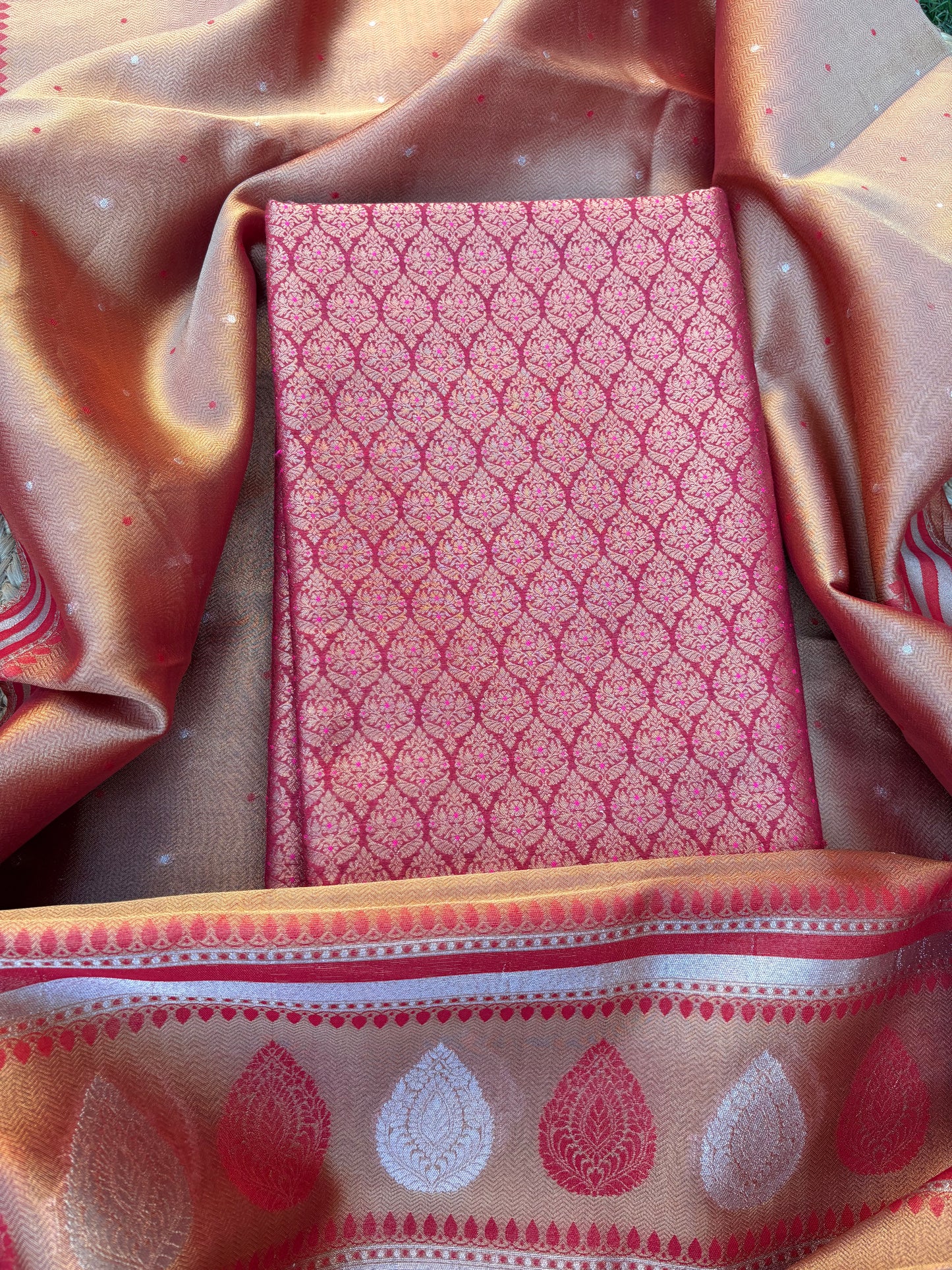 Maroon brocade cotton tissue suit set