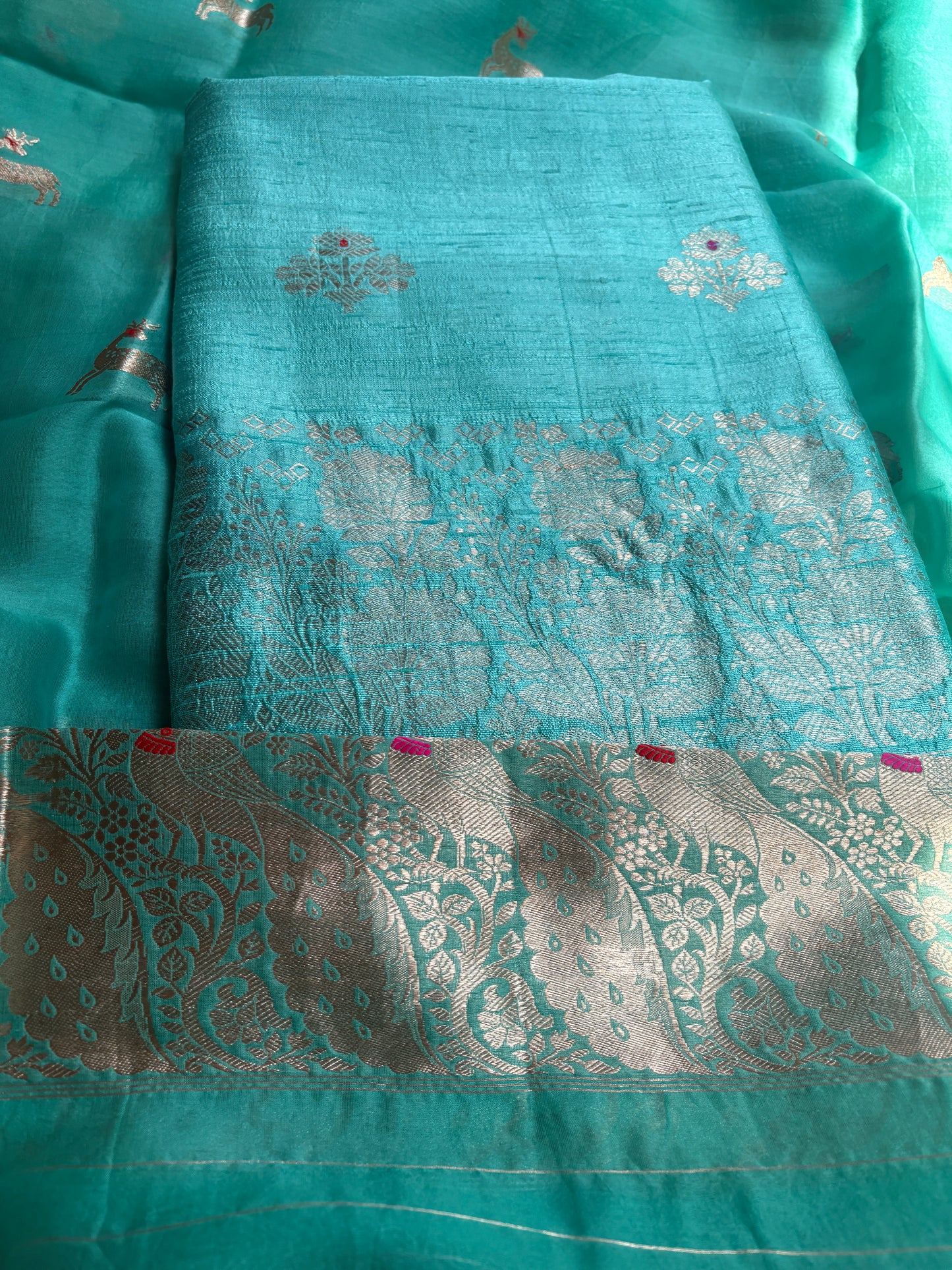 Blue raw silk Kurta, bottom , Kora silk deer motif dupatta