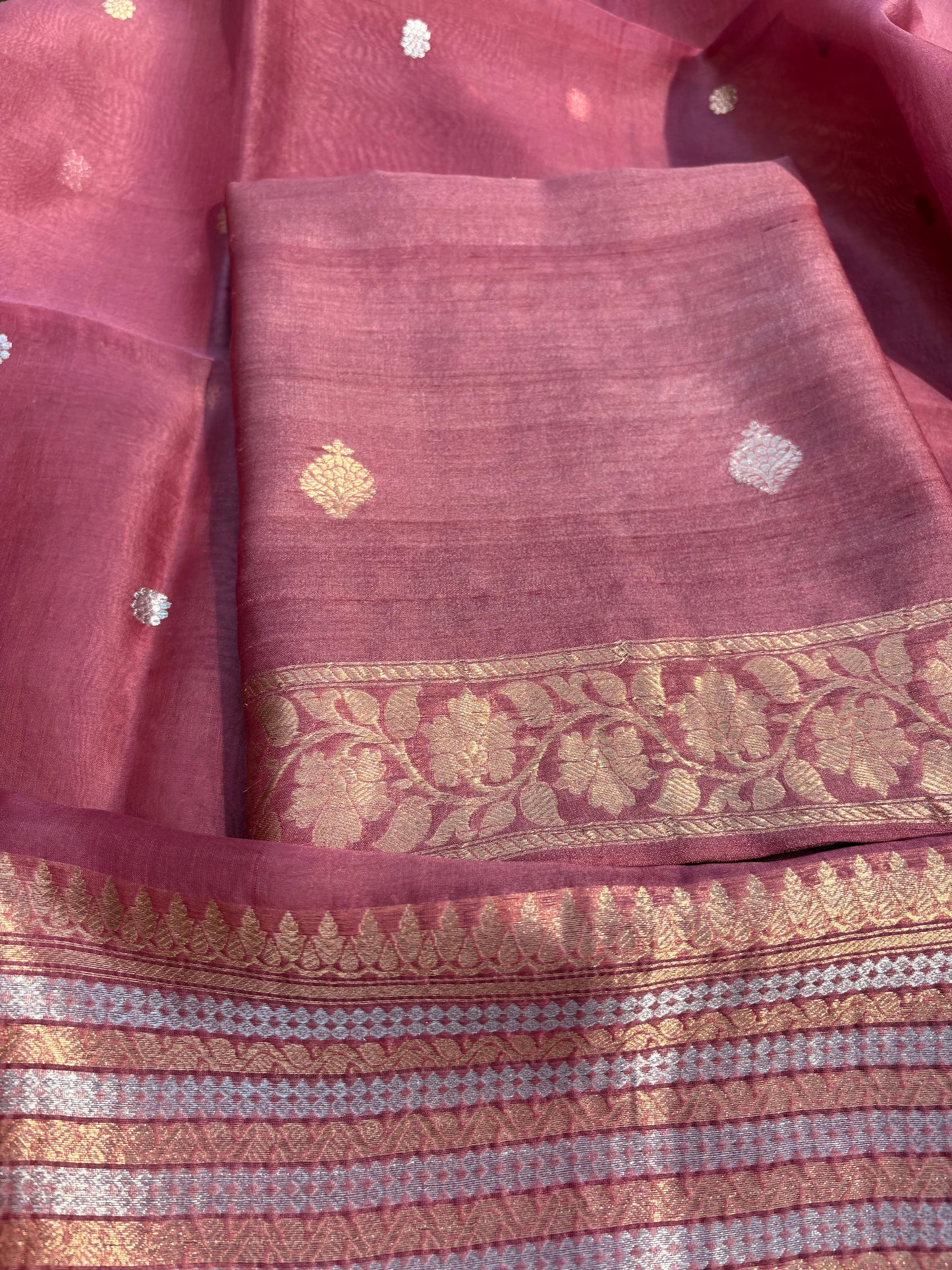 Pink tussar silk kurta, kora silk dupatta, plain silk bottom