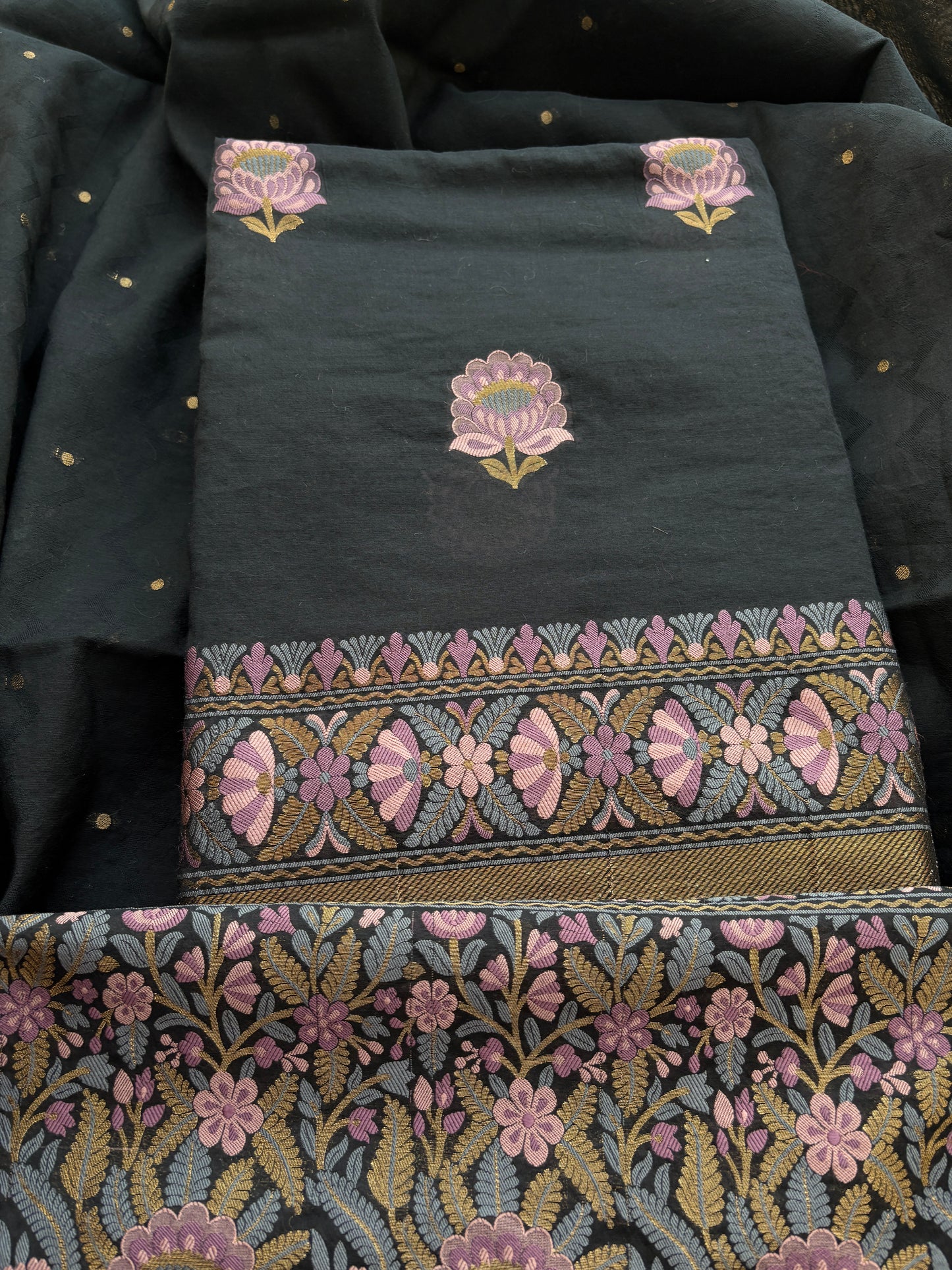 Black Chanderi flower design weaving suit set