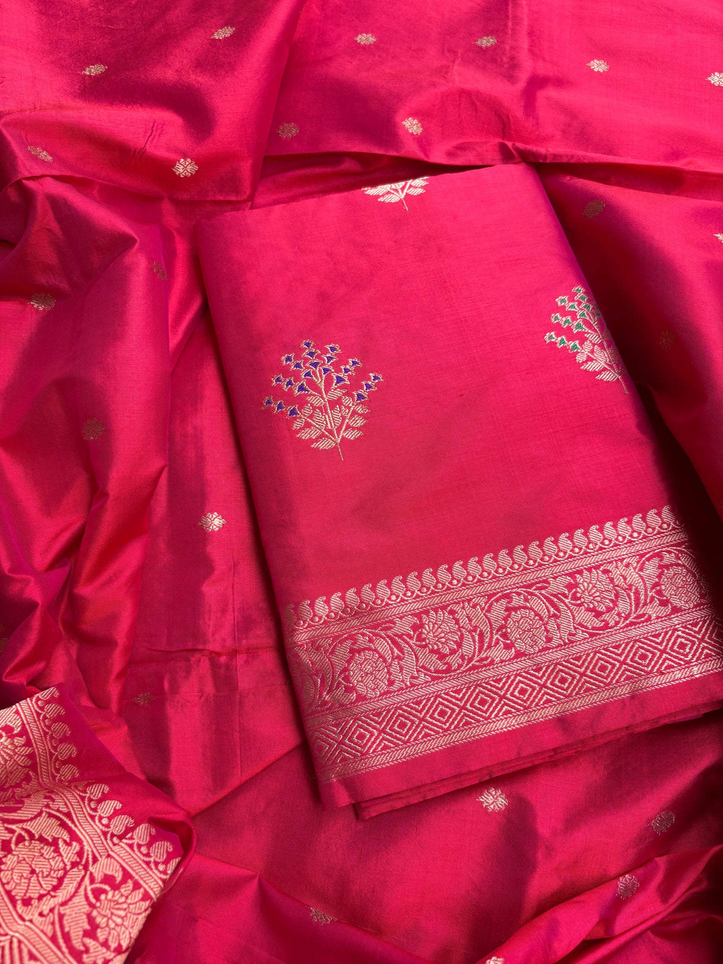 Red pink dhoop chau katan by katan silk suit set