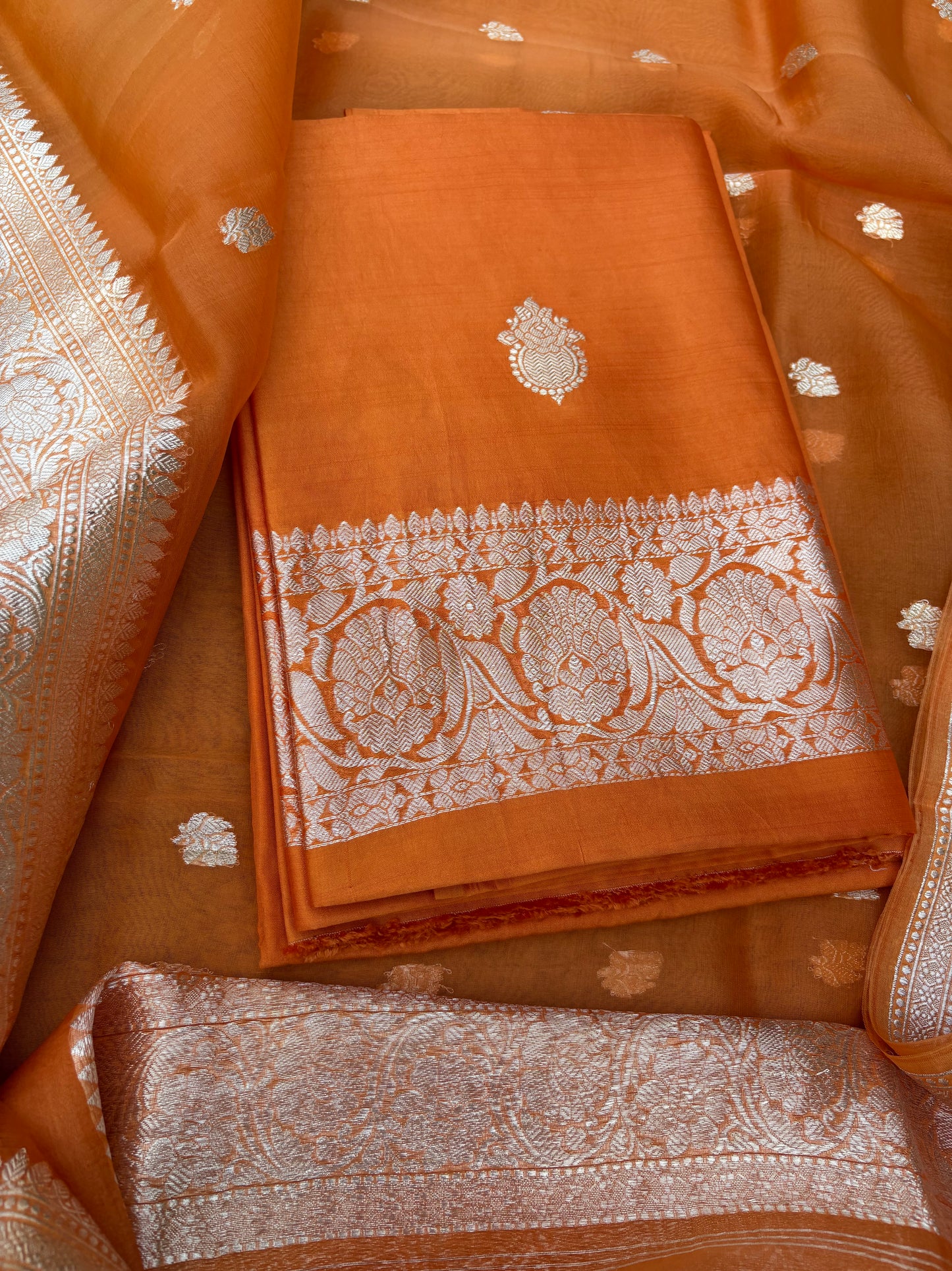 Orange Chiniya silver zari suit set