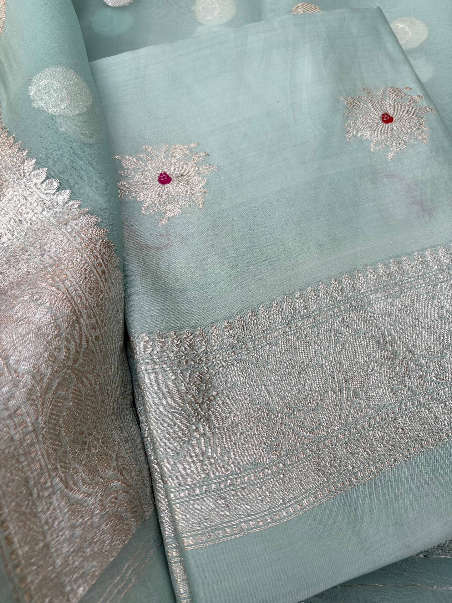 Blue Chiniya kora silver zari 3 piece suit set
