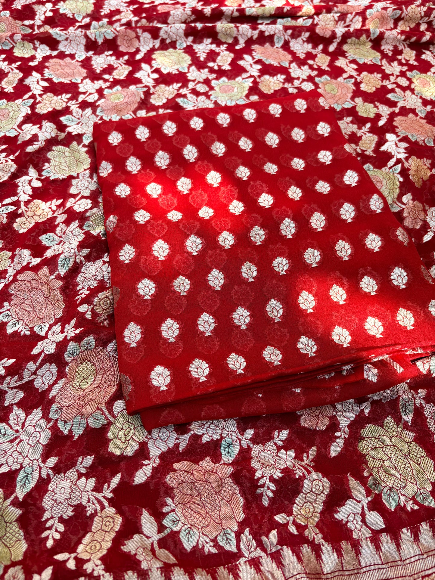 Red Khaddi georgette, hand brushed dupatta, plain bottom