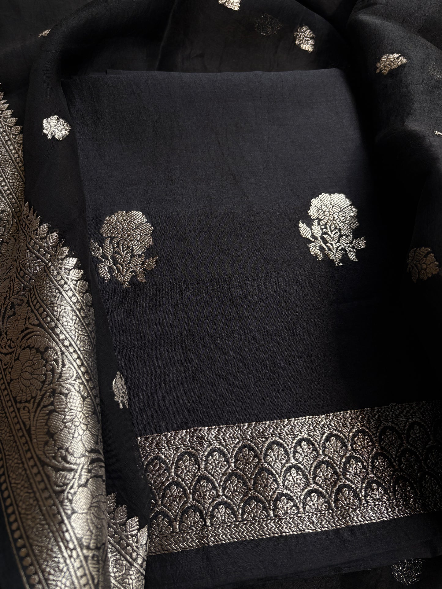 Black silver zari Chiniya silk suit set