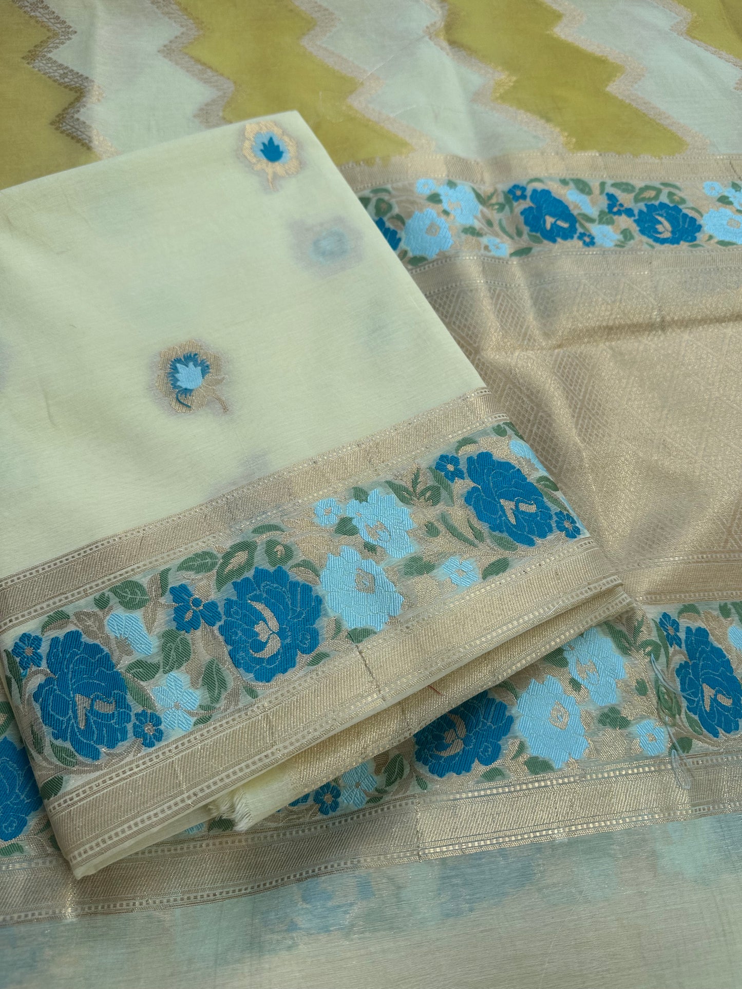 Lime yellow chanderi exclusive weaving 3 piece set