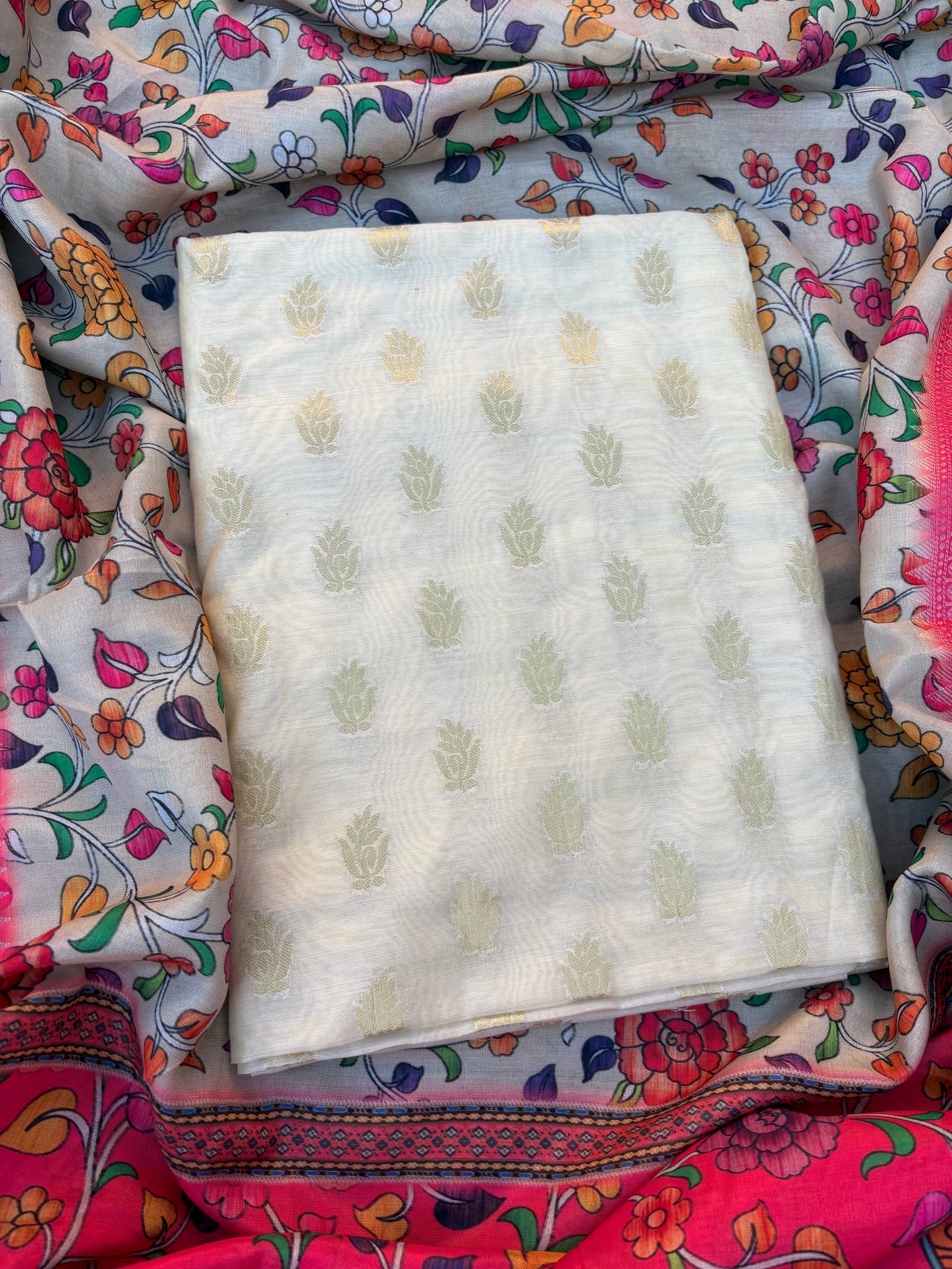 Cream cotton suit with digital printed dupatta, plain bottom