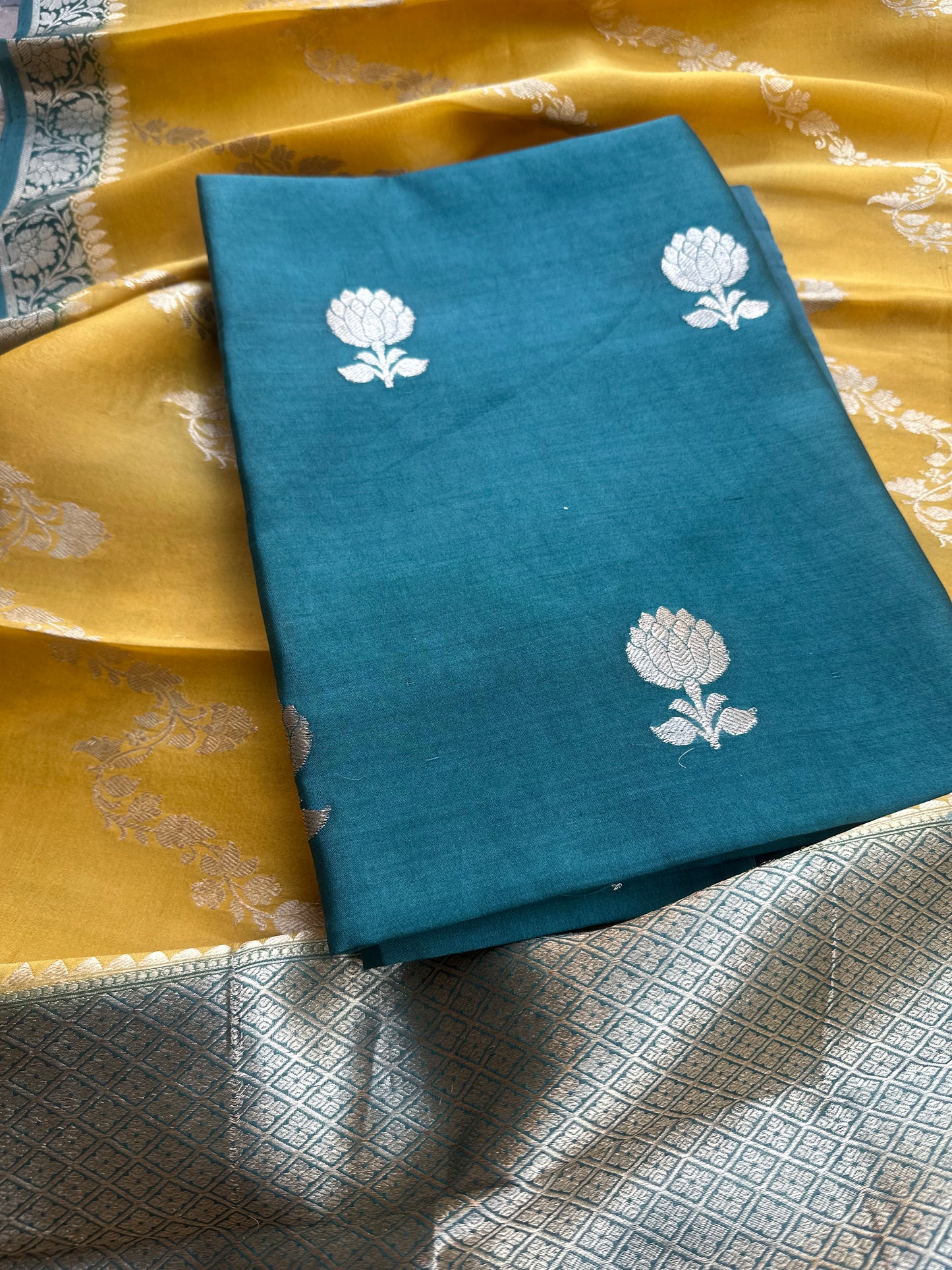 Green chiniya silk kurta, kora shaded dupatta, plain bottom.
