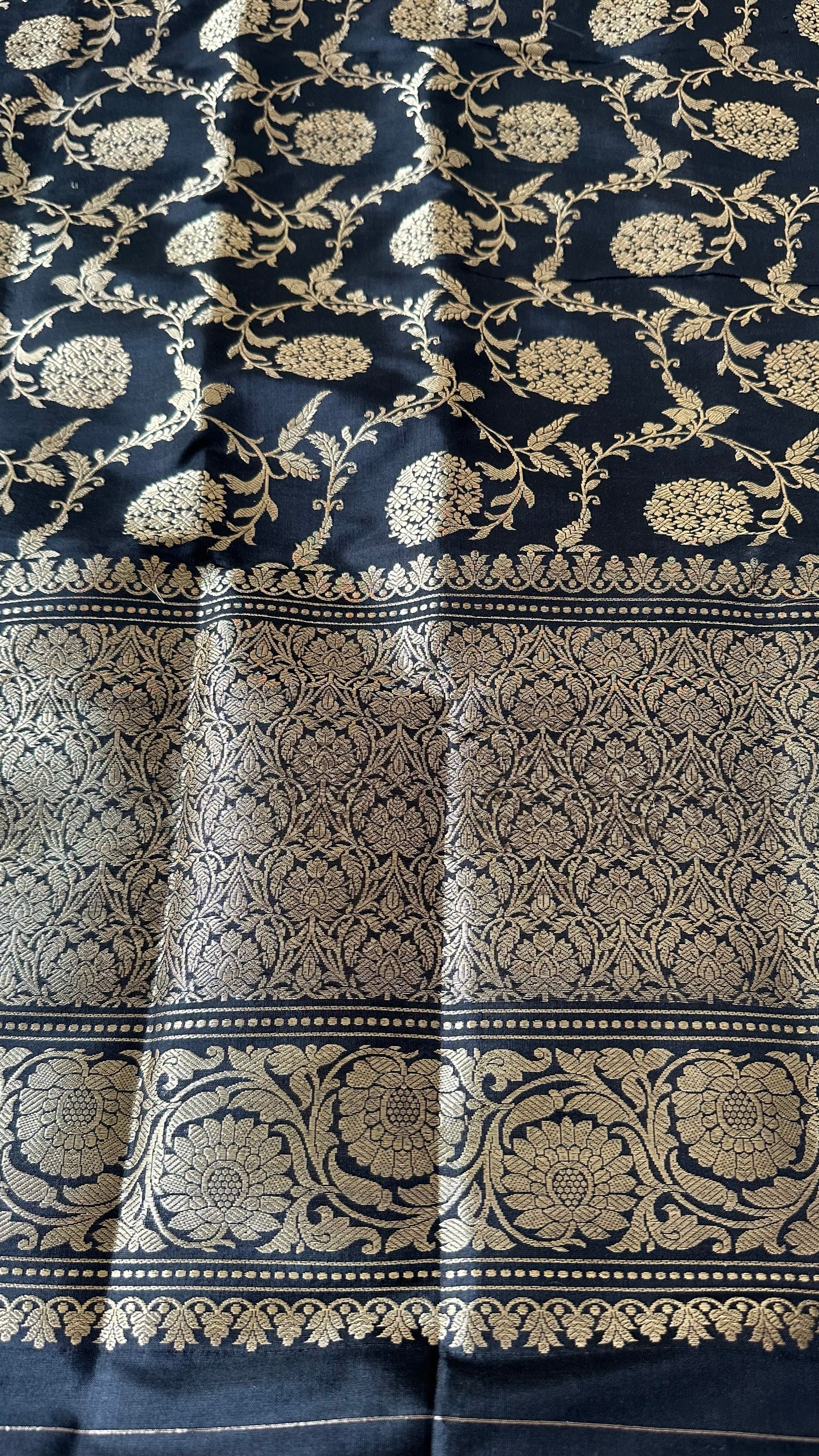 Black katan silk kadhwa weave dupatta.