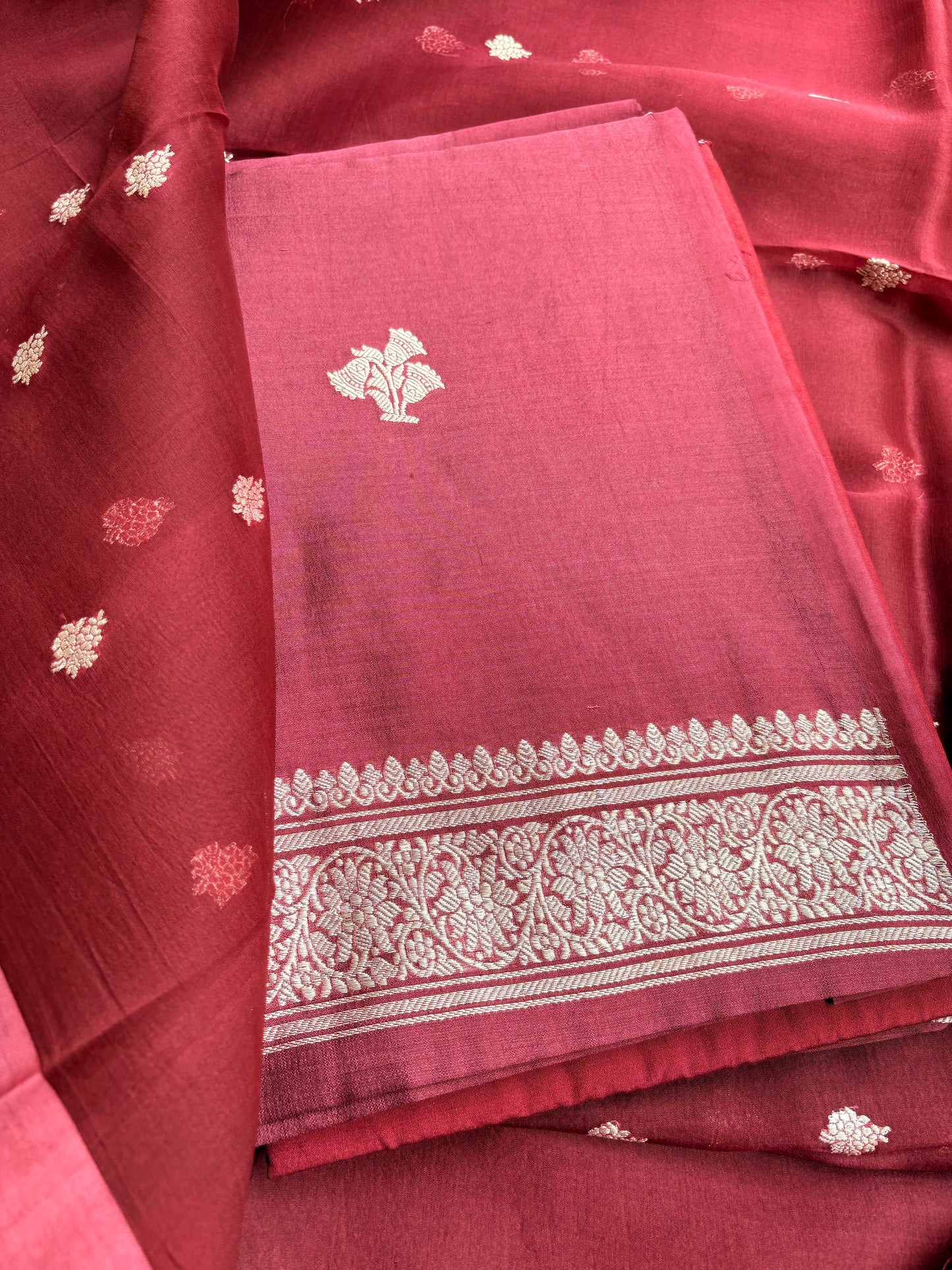 Maroon Chiniya Silk silver zari 3 piece suit set
