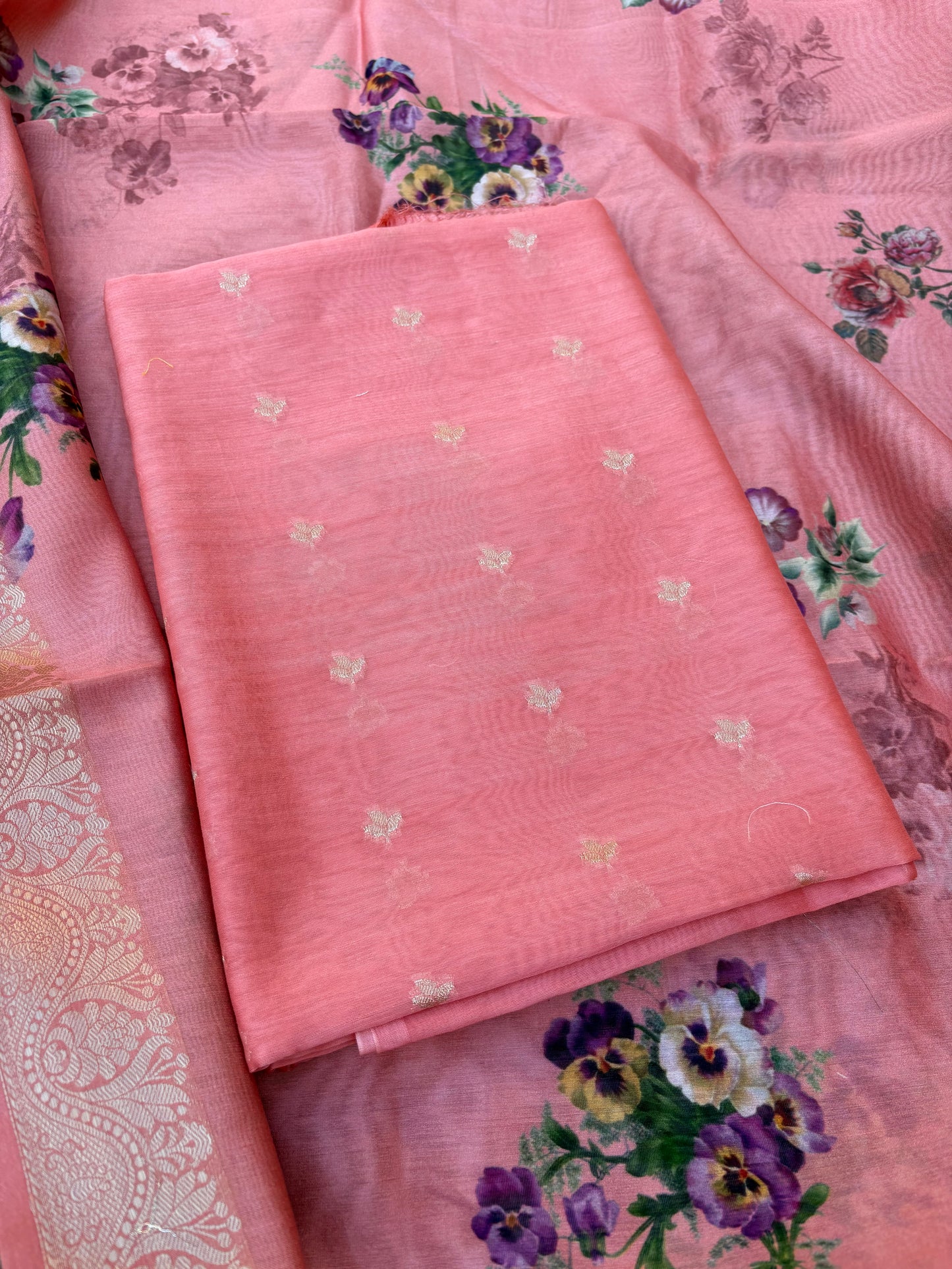 Peach mul Chanderi 3 piece Suit set