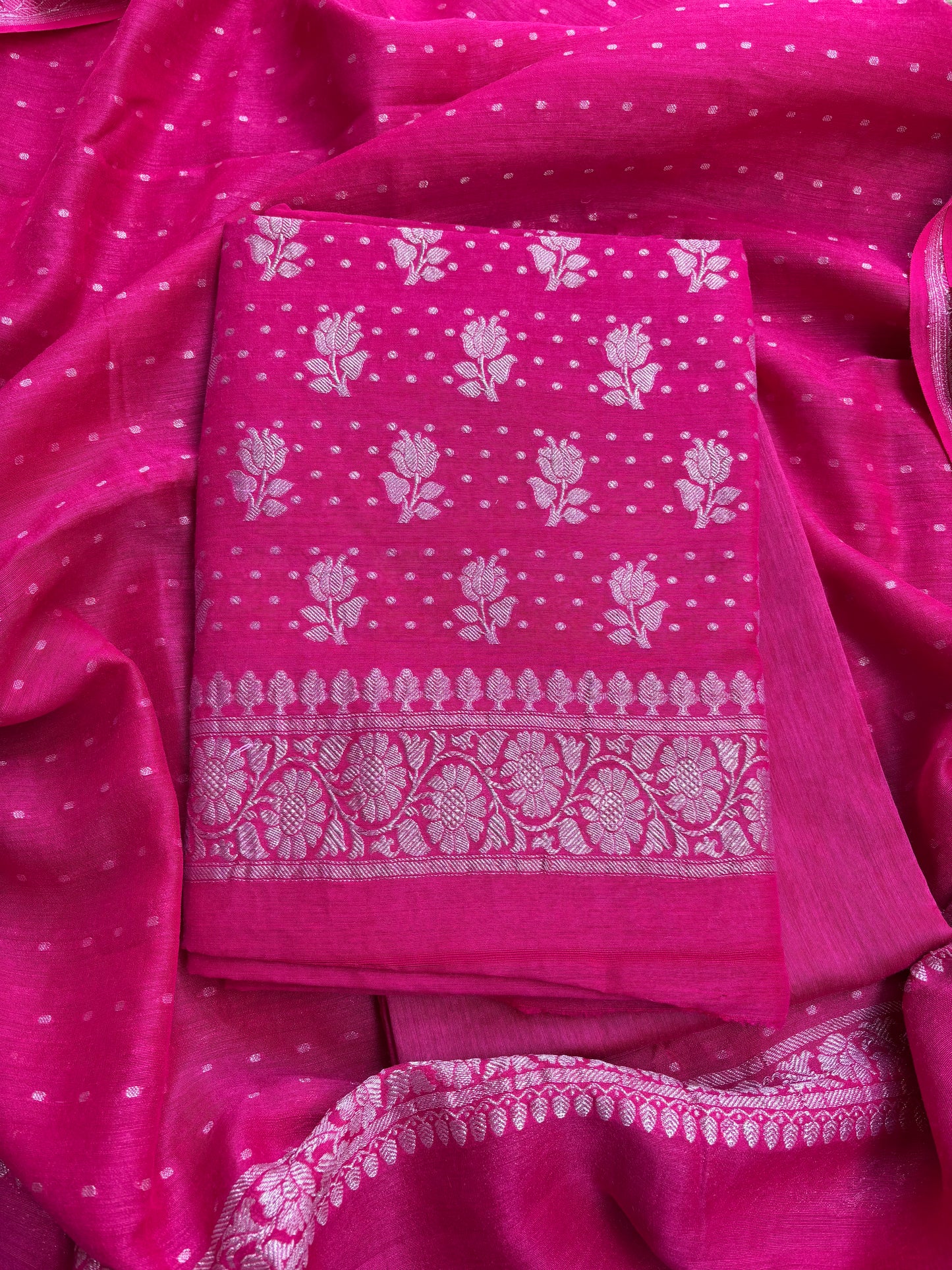 Rani pink moonga chiffon 3 piece suit set
