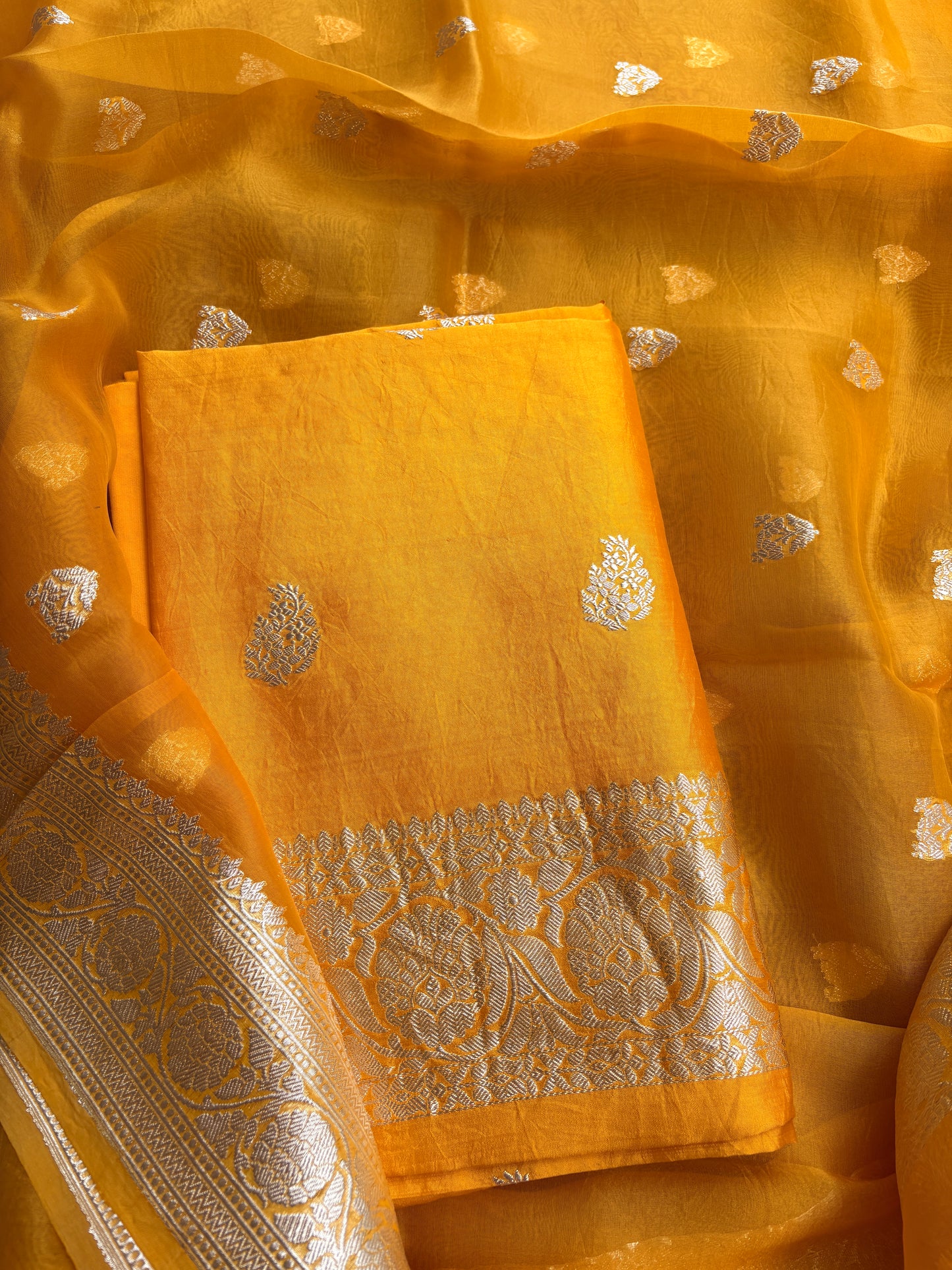 Yellow Chiniya silk silver zari suit set