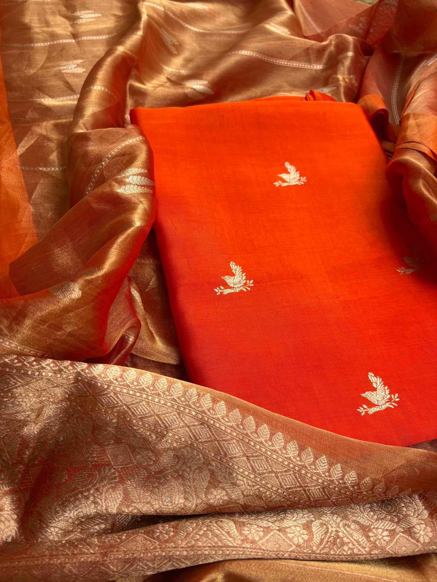 Orange raw artisan silk kurta, bottom, tissue kadhwa dupatta