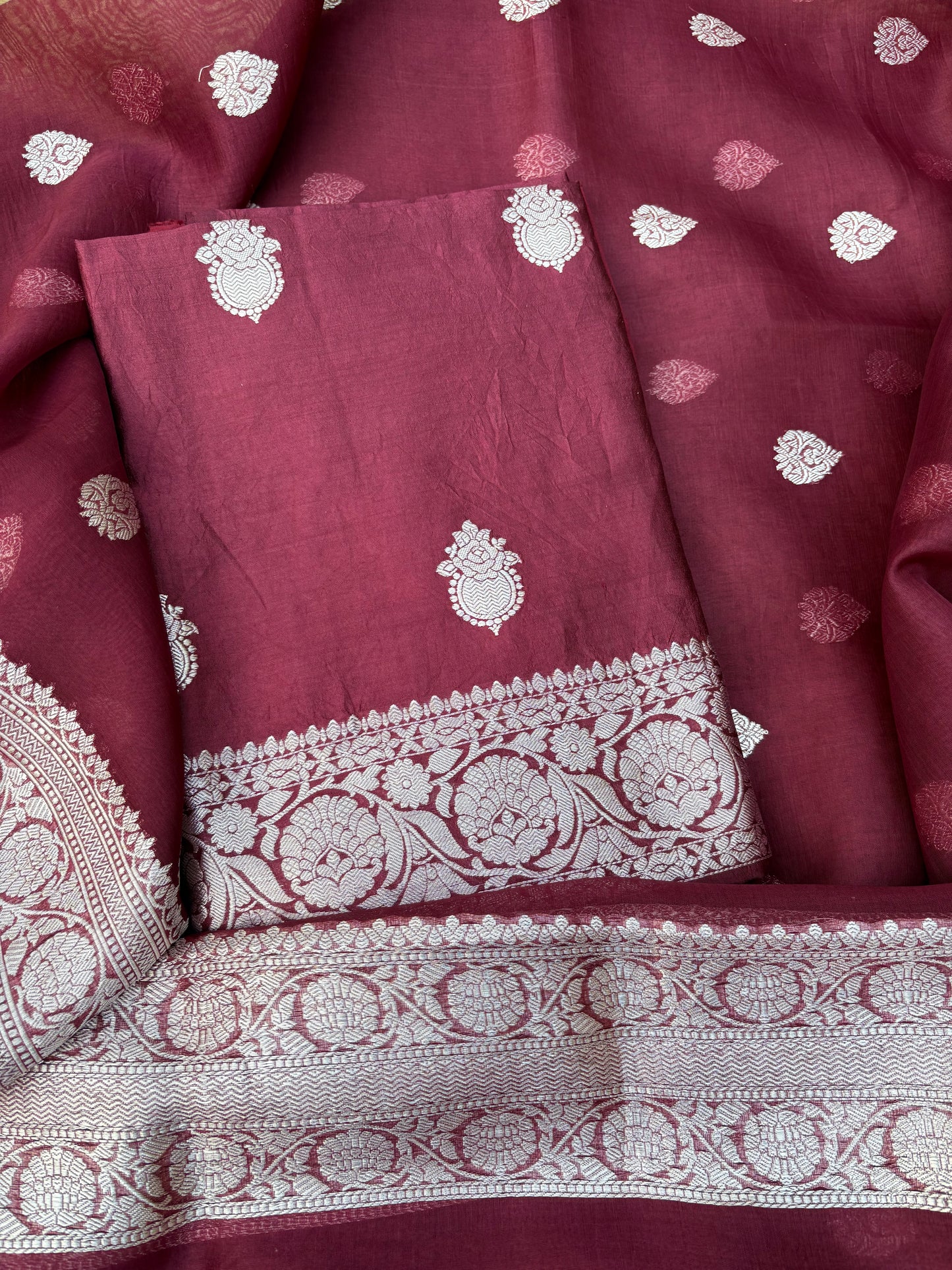 Maroon Chiniya kora silk kadhwa silver zari suit set