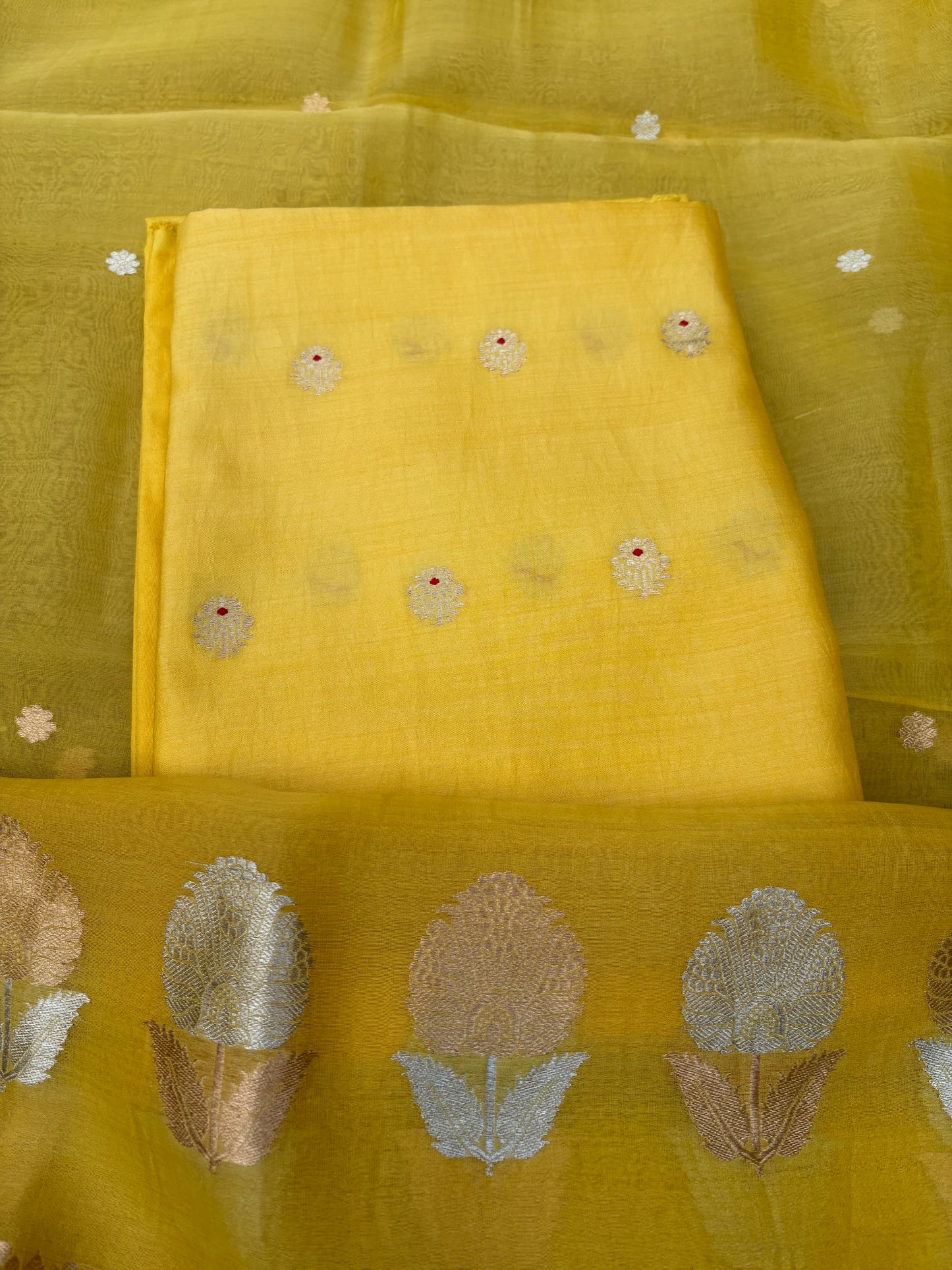 Yellow Chiniya silk kurta, kora silk dupatta , plain bottom