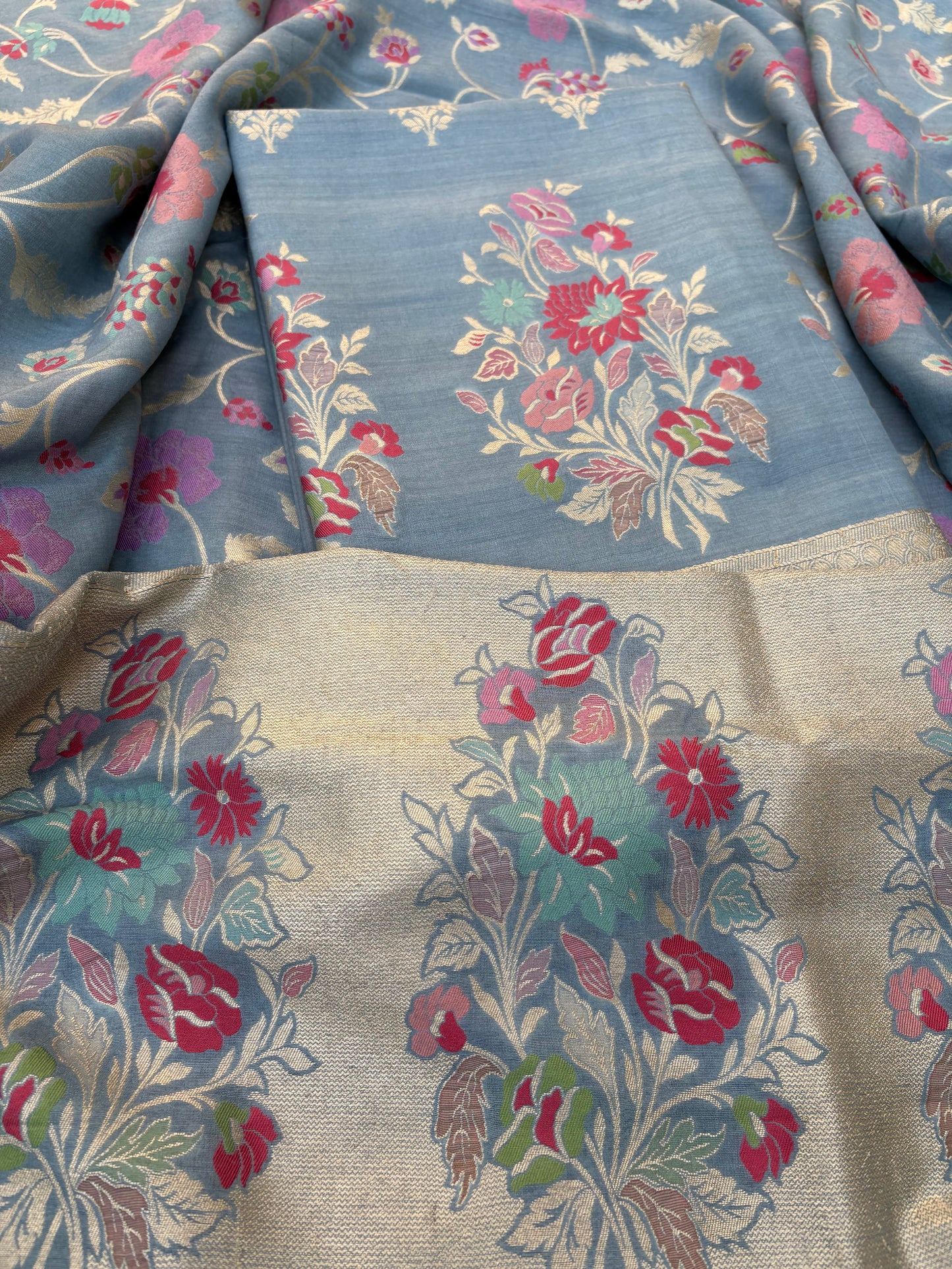 Blue meenadar tilfi weaving moonga silk 3 piece suit set