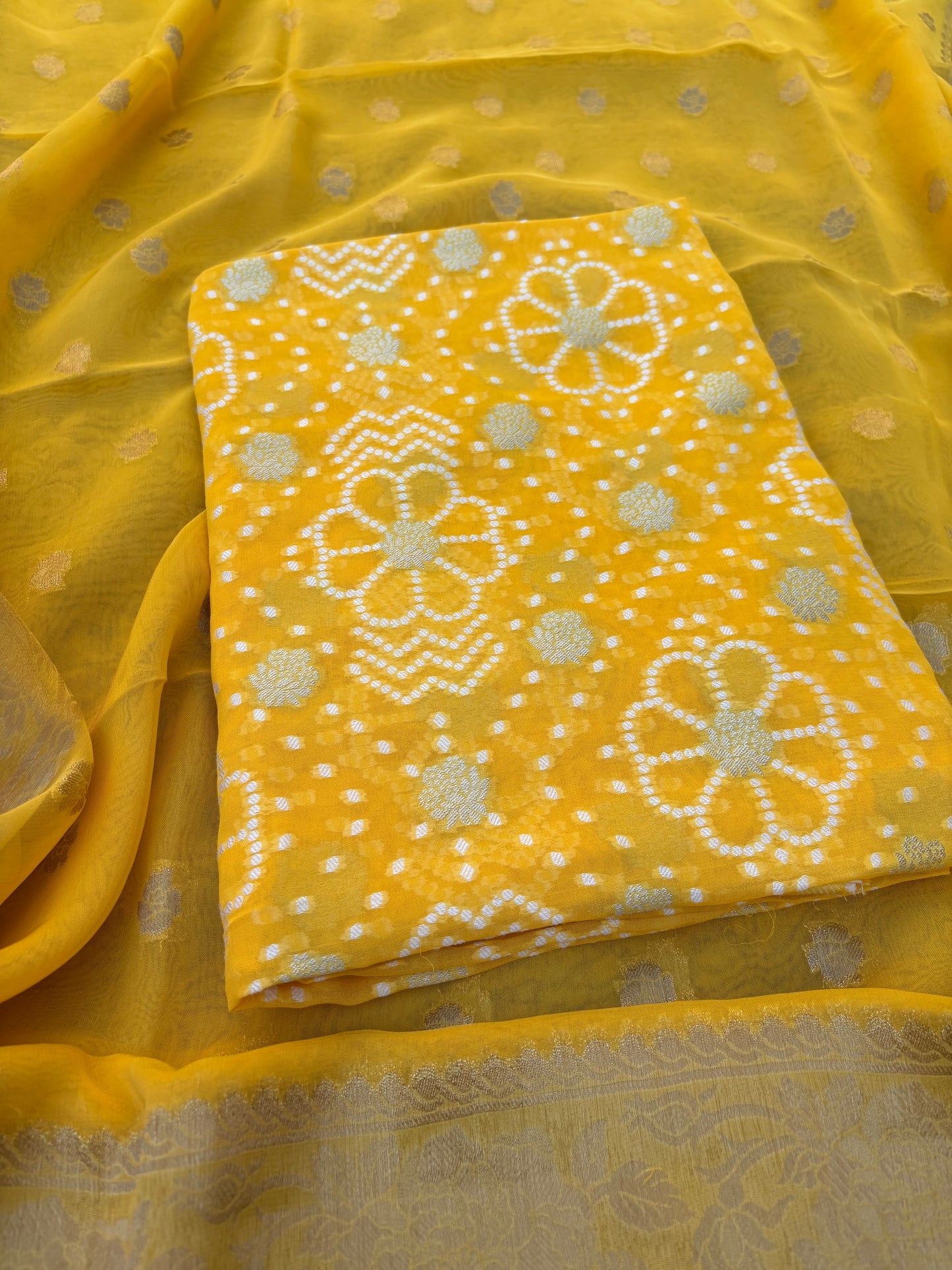 Yellow premium chiffon bandhani 3 piece suit set