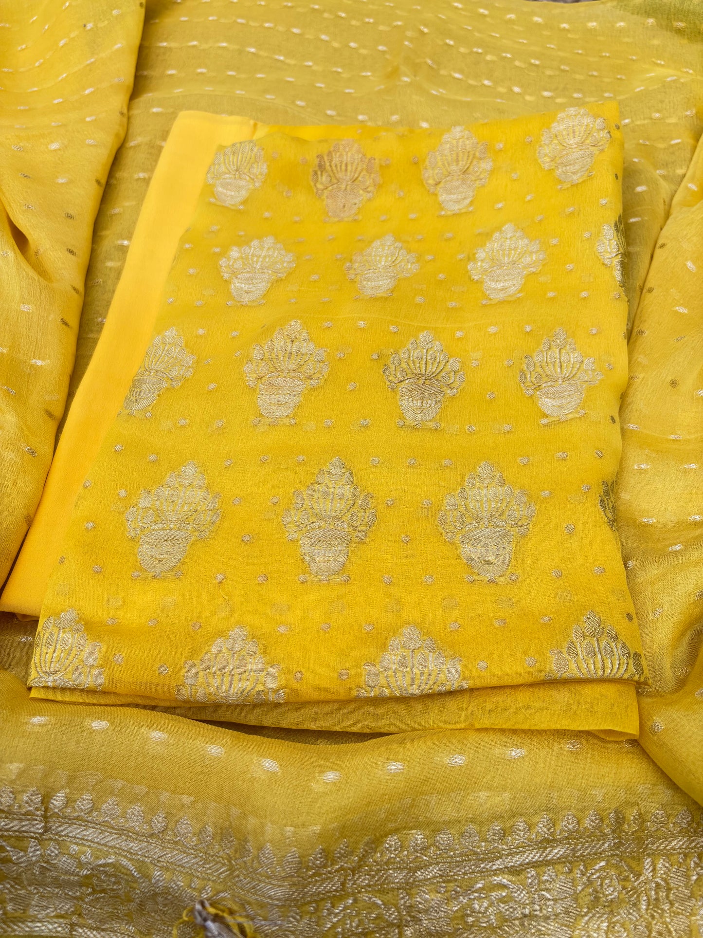 Yellow Khaddi chiffon kadhwa 3 piece suit set