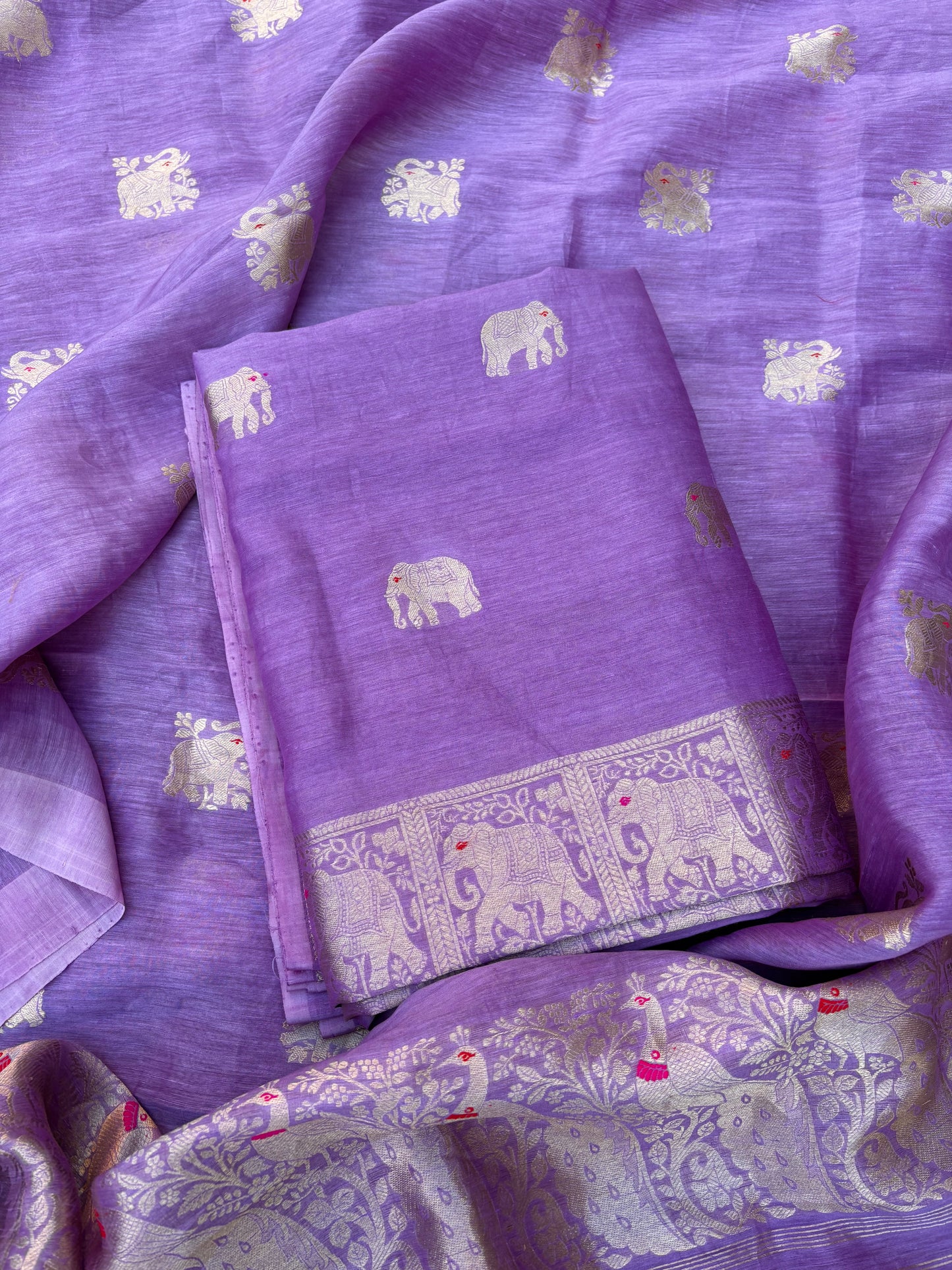 Lavender Linen silk elephant Motif kadhwa suit set