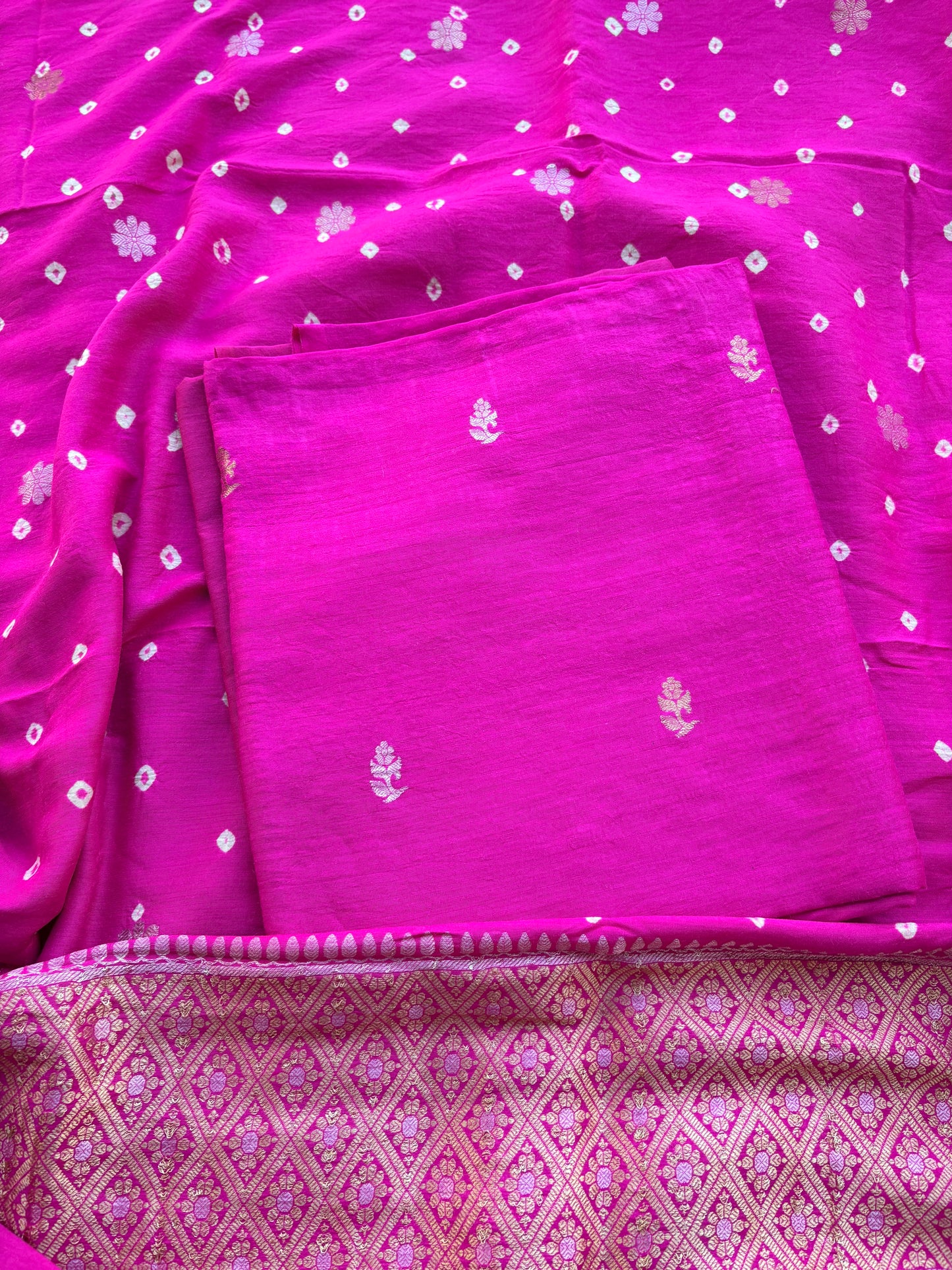 Pink moonga silk kadhwa suit with bandhani dupatta