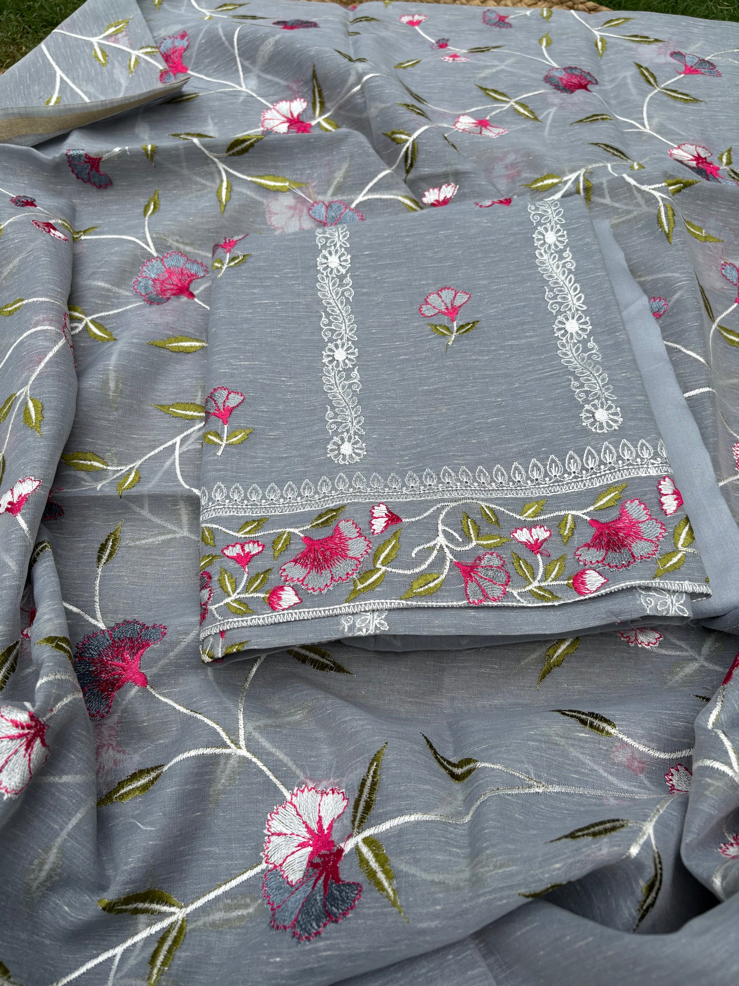 Grey linen cotton embroidered 3 piece suit set