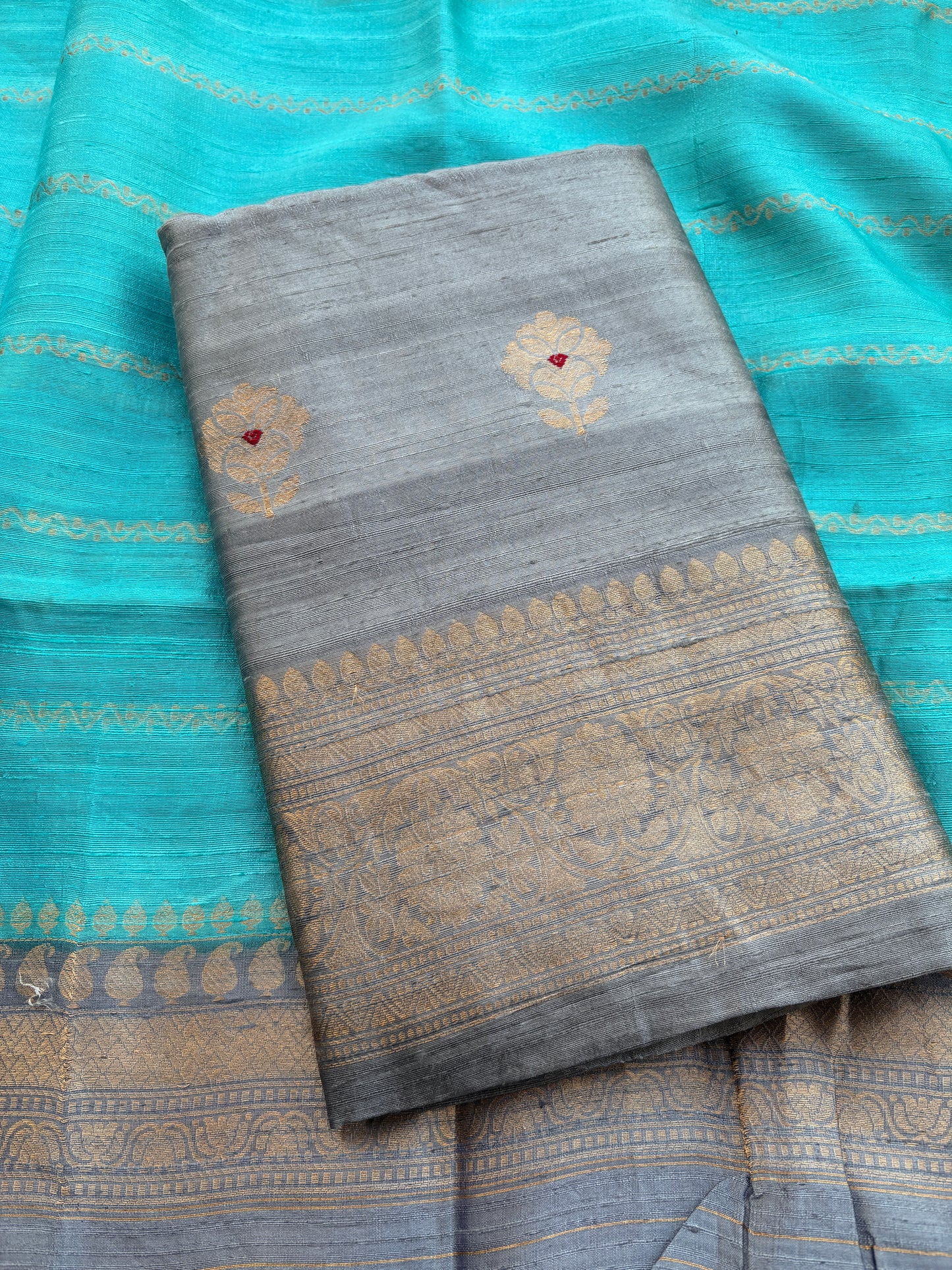 Grey blue tussar kadhwa suit set