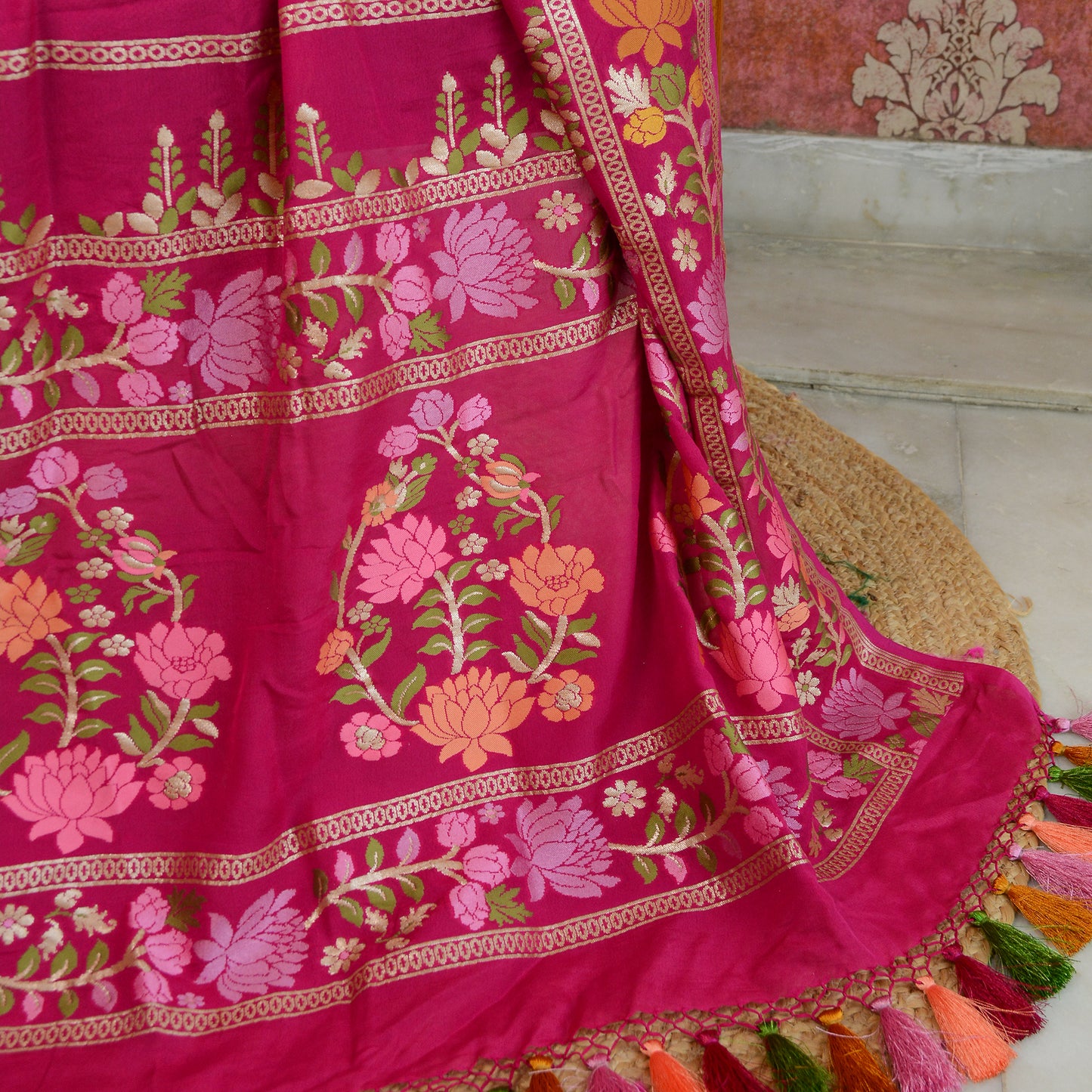 Pink Khaddi georgette handwoven dupatta