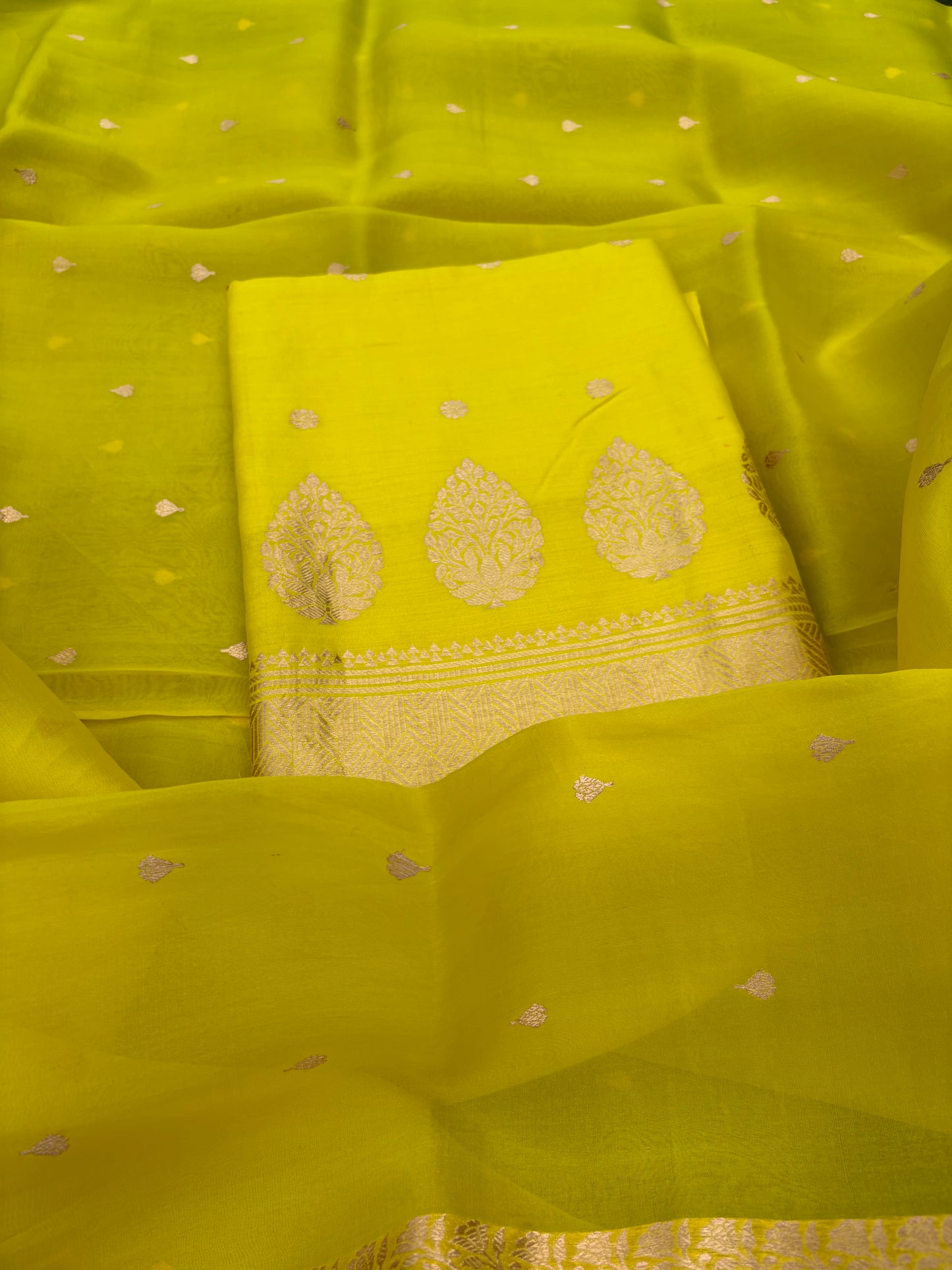 Neon green Chiniya kora silk suit set