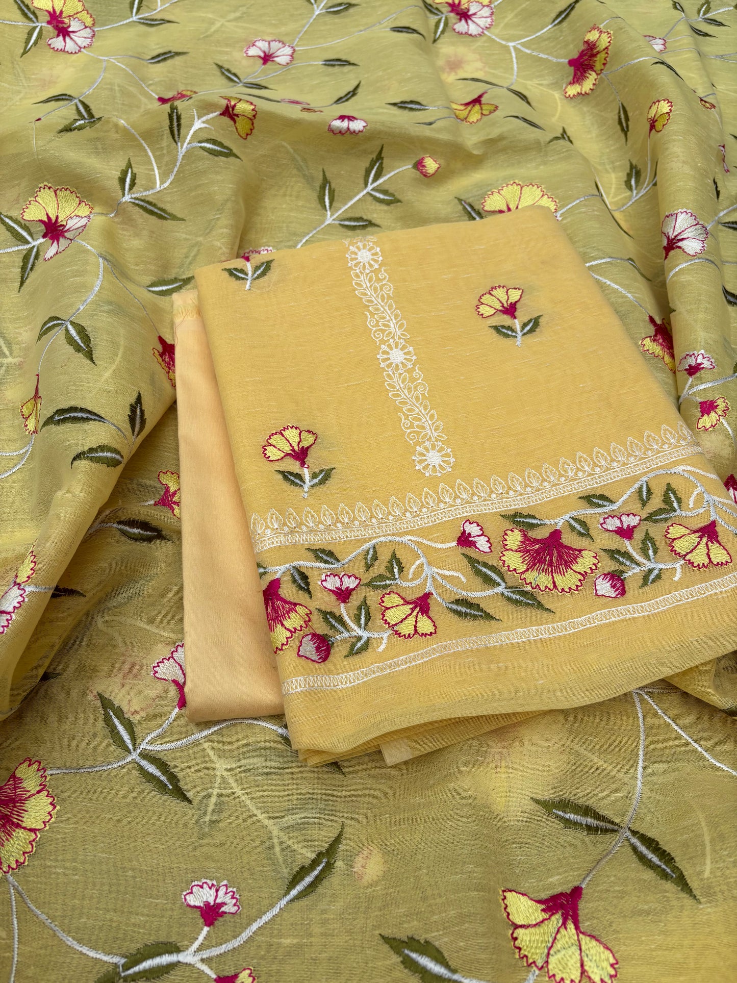 Yellow cotton linen embroidered 3 piece suit set
