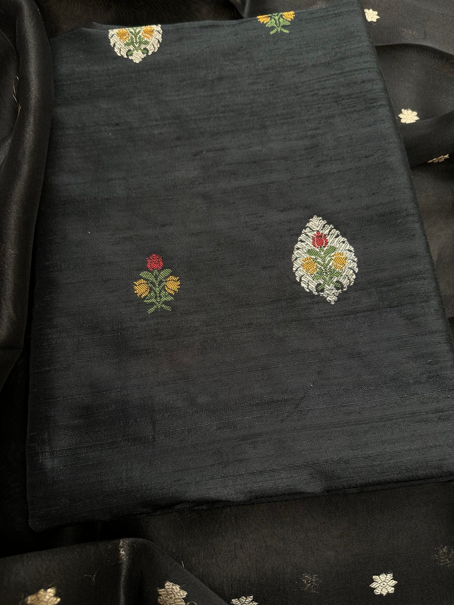 Black raw silk meenadar kurta, kora silk dupatta, plain bottom