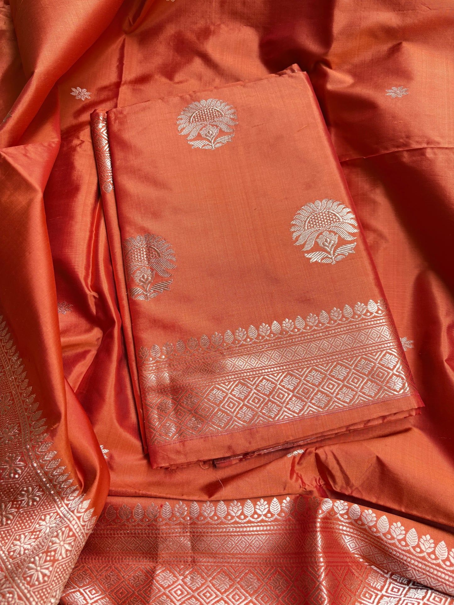 Orange katan by katan silk kadhwa suit set