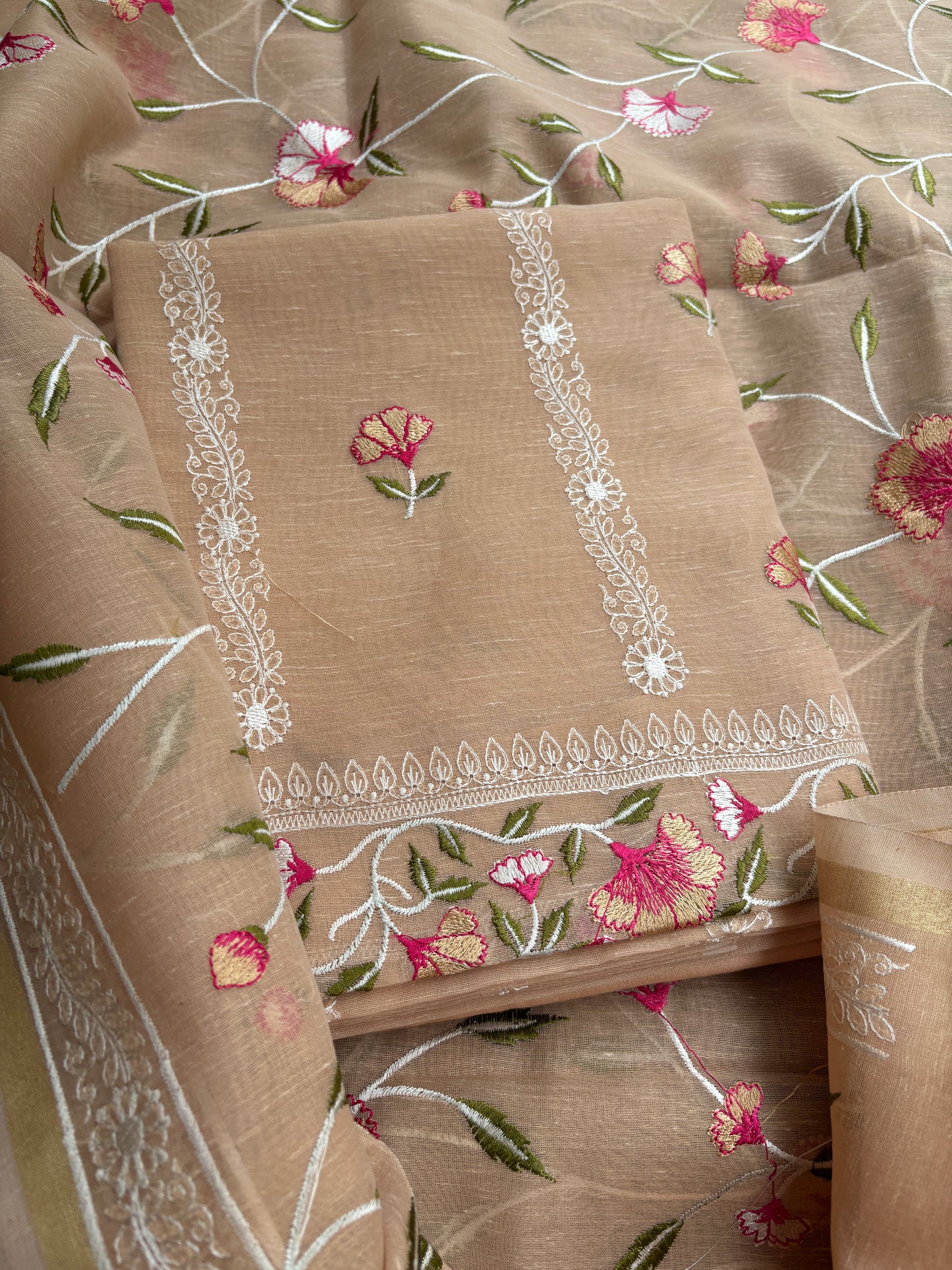 Nude beige cotton linen 3 piece suit set