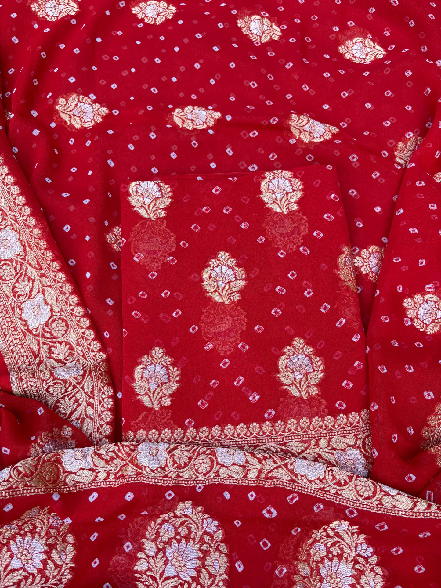 Red Khaddi georgette kadhwa bandhani 3 piece suit set