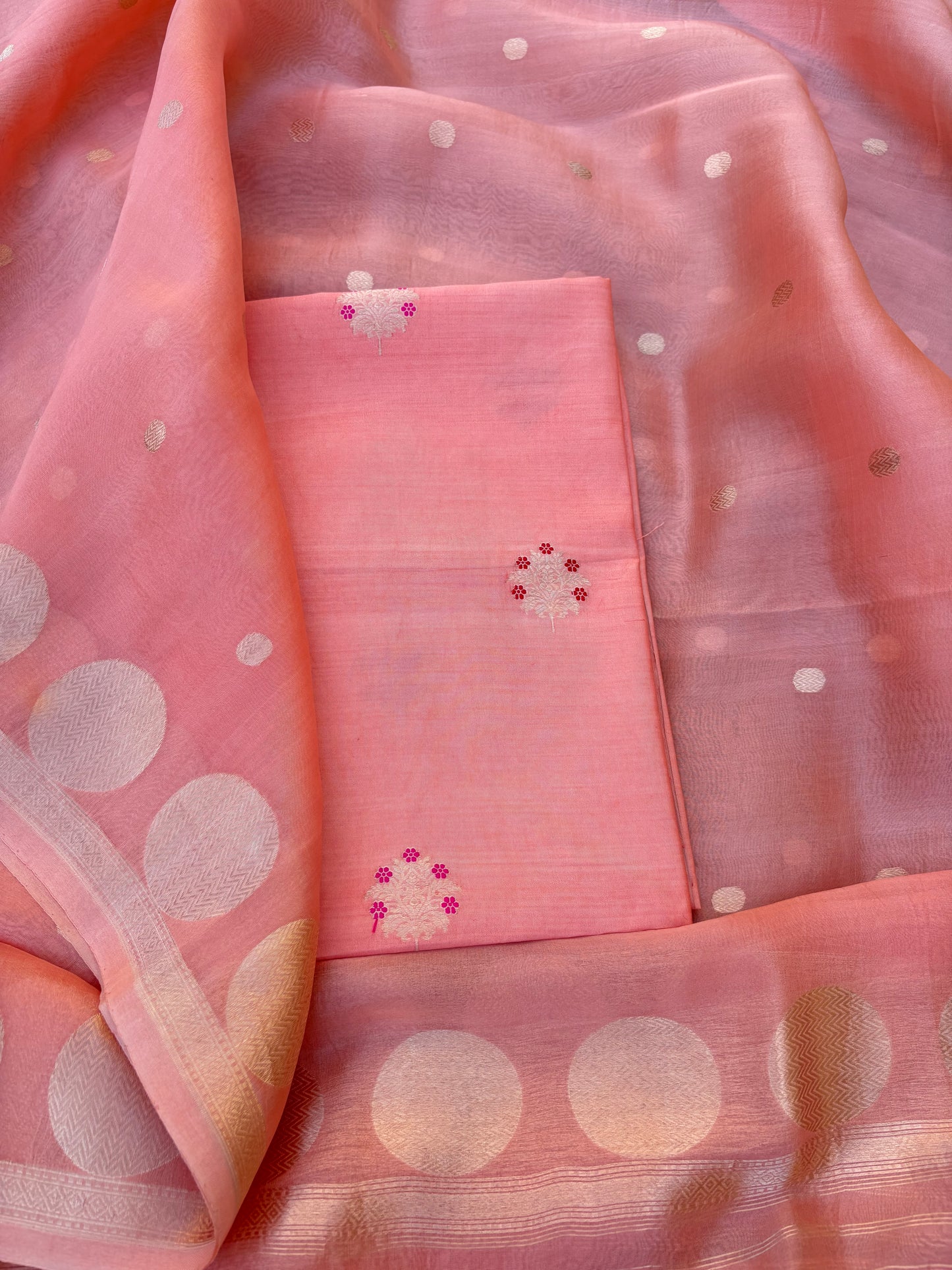 Peach meenadar kurta, plain bottom, kora silk dupatta