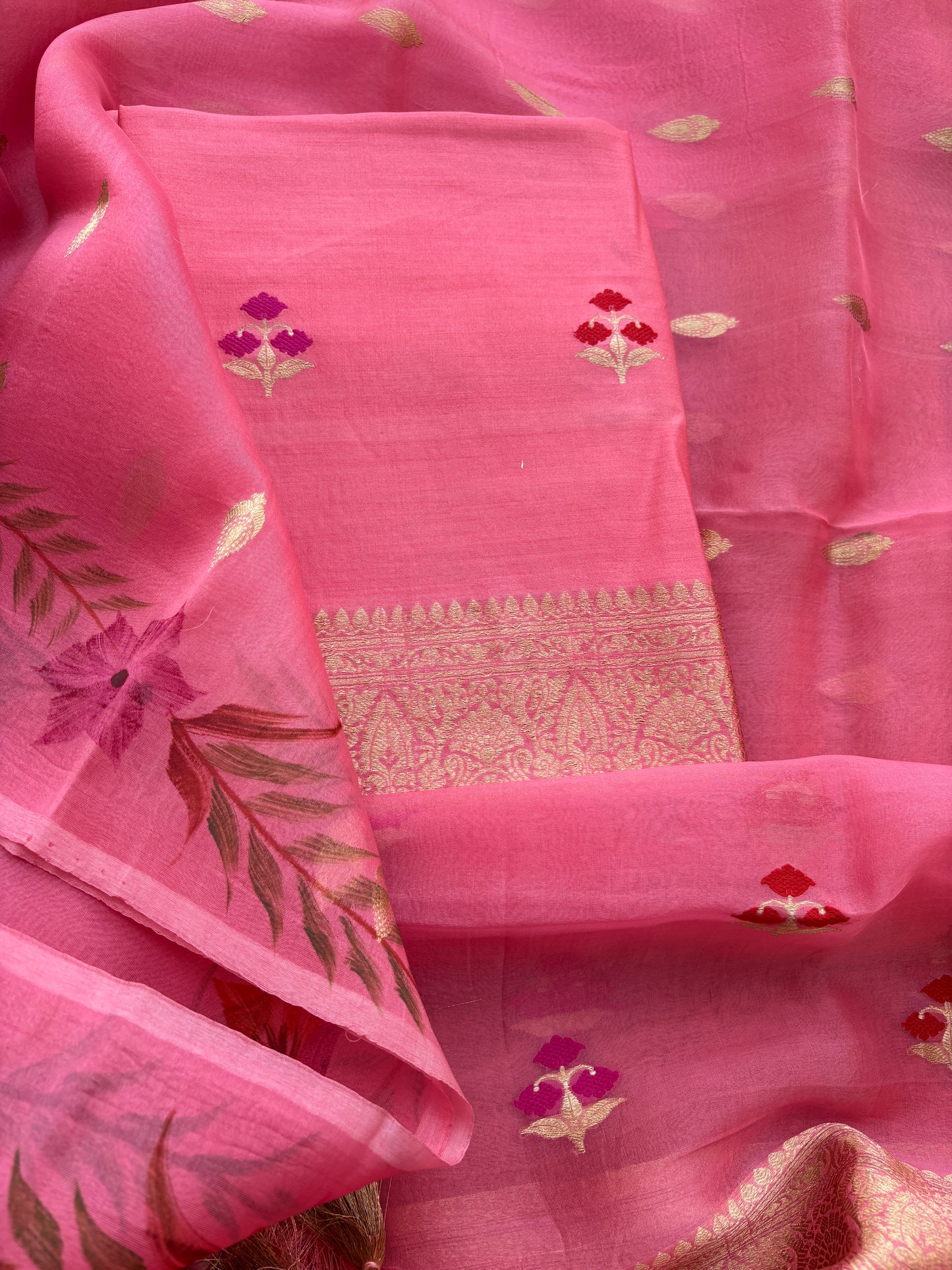 Pink Chiniya silk kora silk suit set