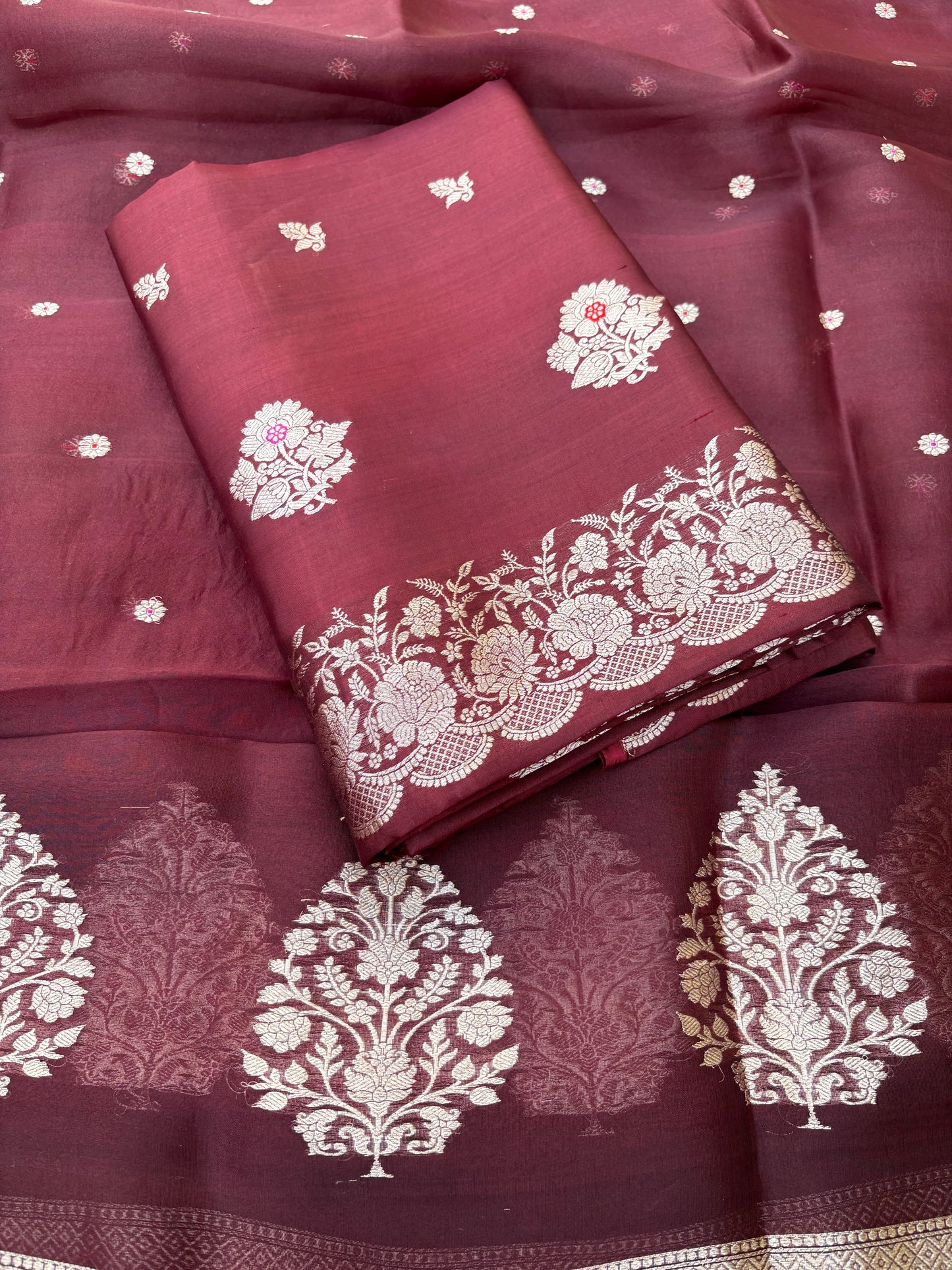 Wine maroon raw mango silk kurta, bottom , kora silk dupatta