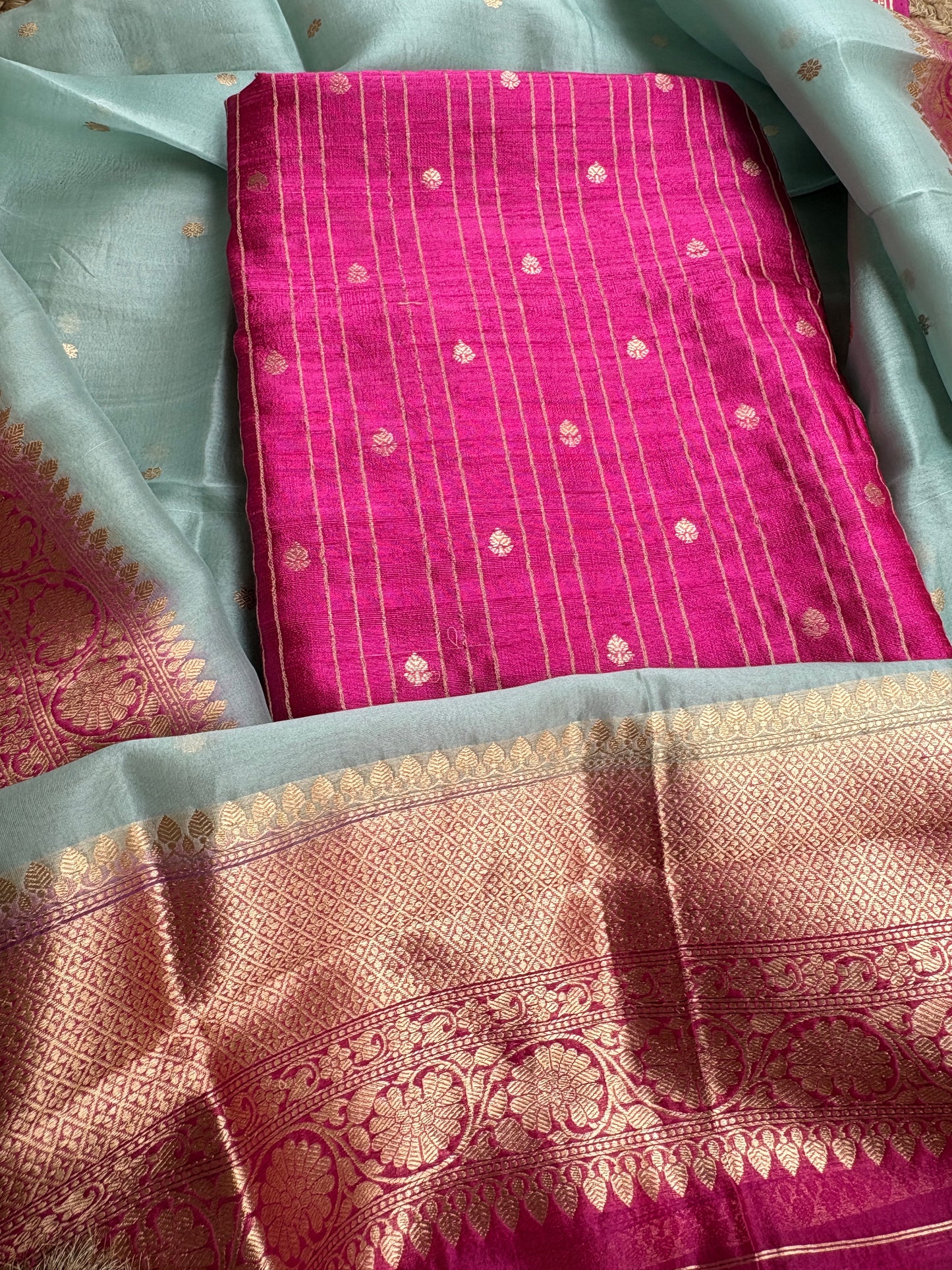 Pink raw silk kurta, bottom , kora shaded dupatta