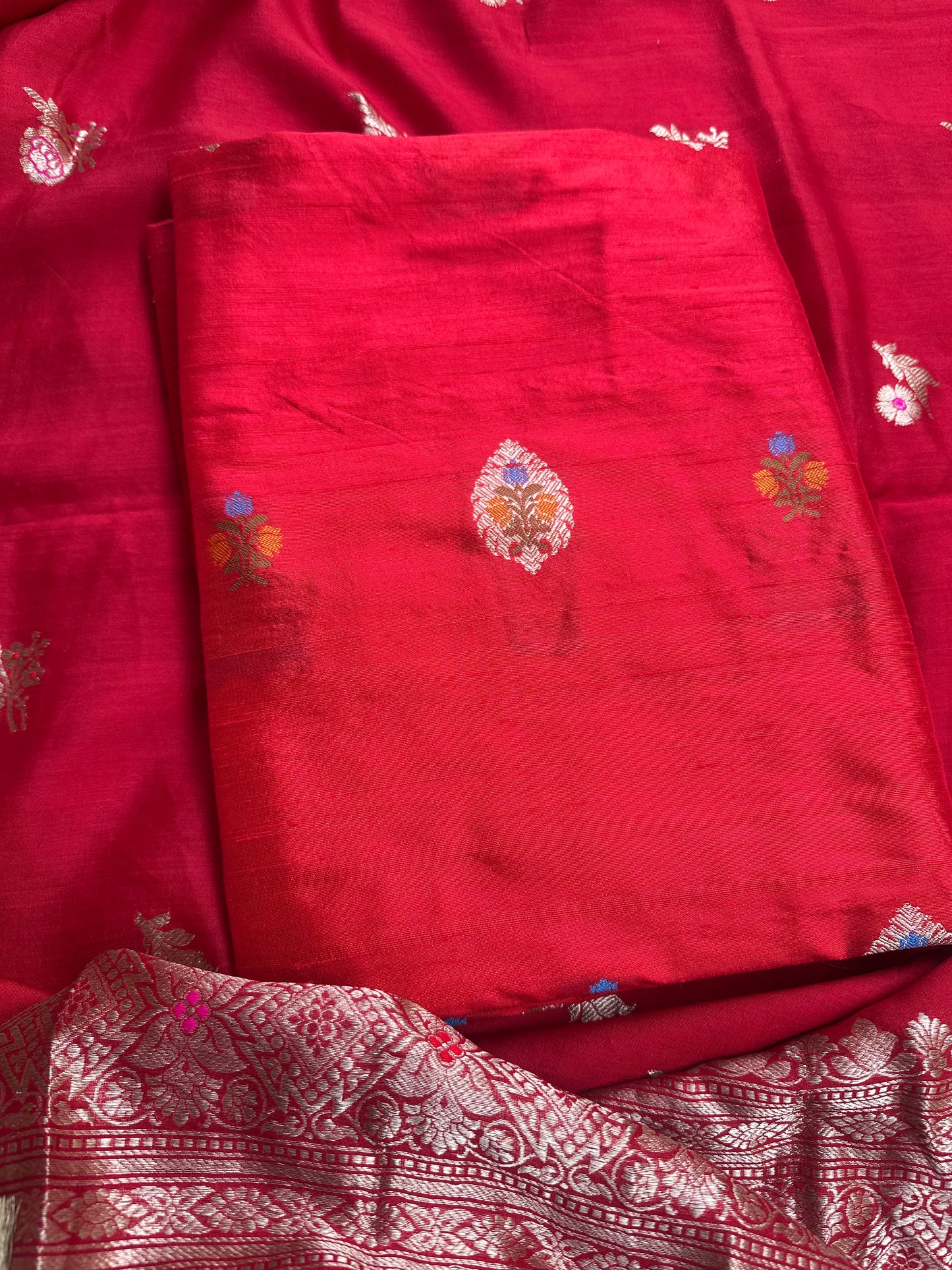 Red raw silk meenadar kurta, chiniya silk dupatta, plain raw silk bottom.