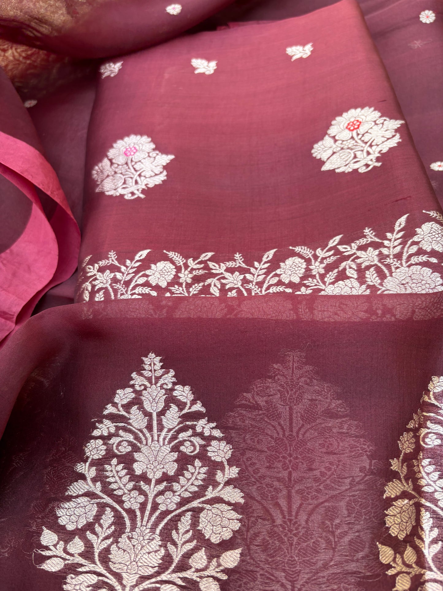 Wine maroon raw mango silk kurta, bottom , kora silk dupatta