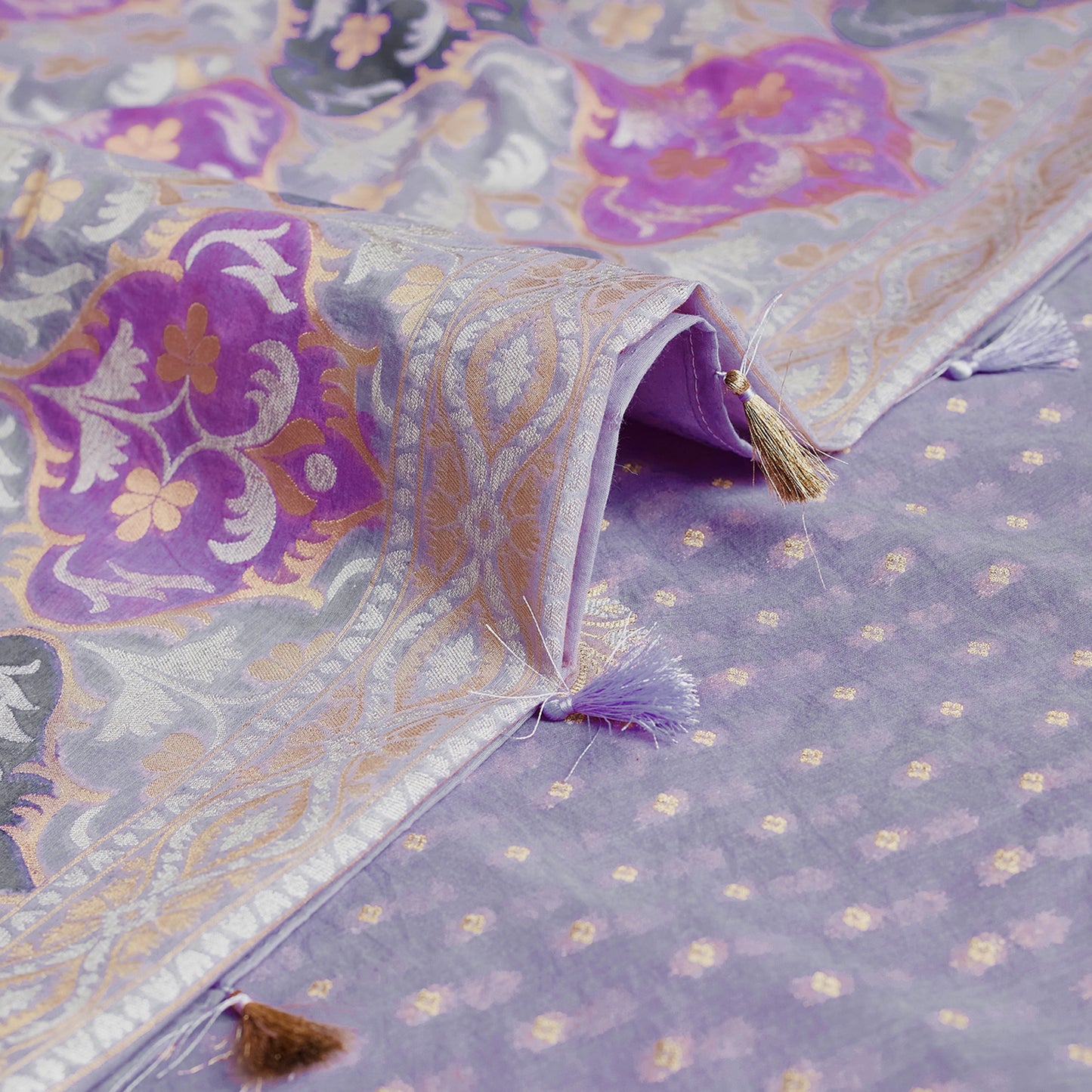 Lavender Tilfi Weaving Chanderi Cotton Suit Set with Self Multicolored dupatta