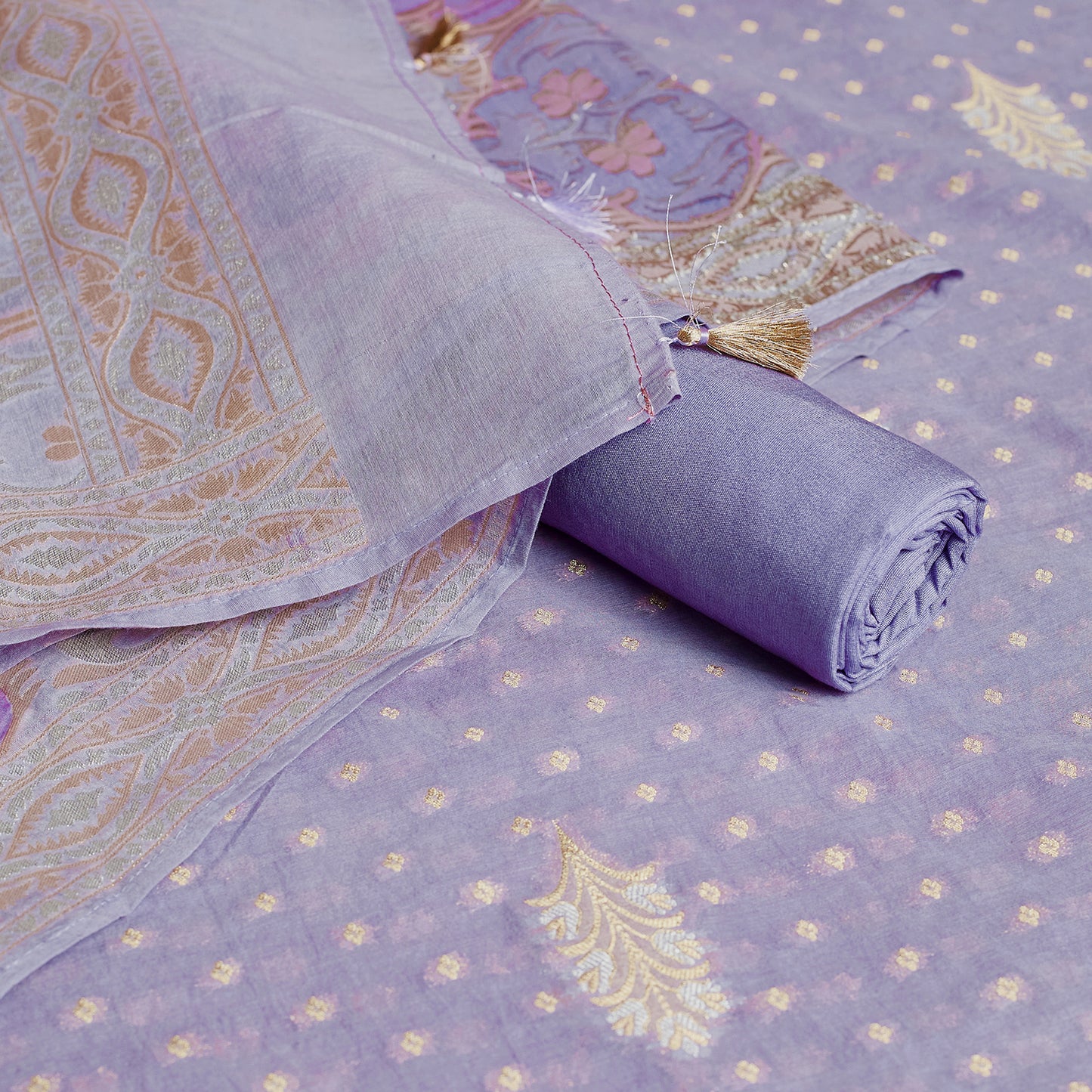 Lavender Tilfi Weaving Chanderi Cotton Suit Set with Self Multicolored dupatta