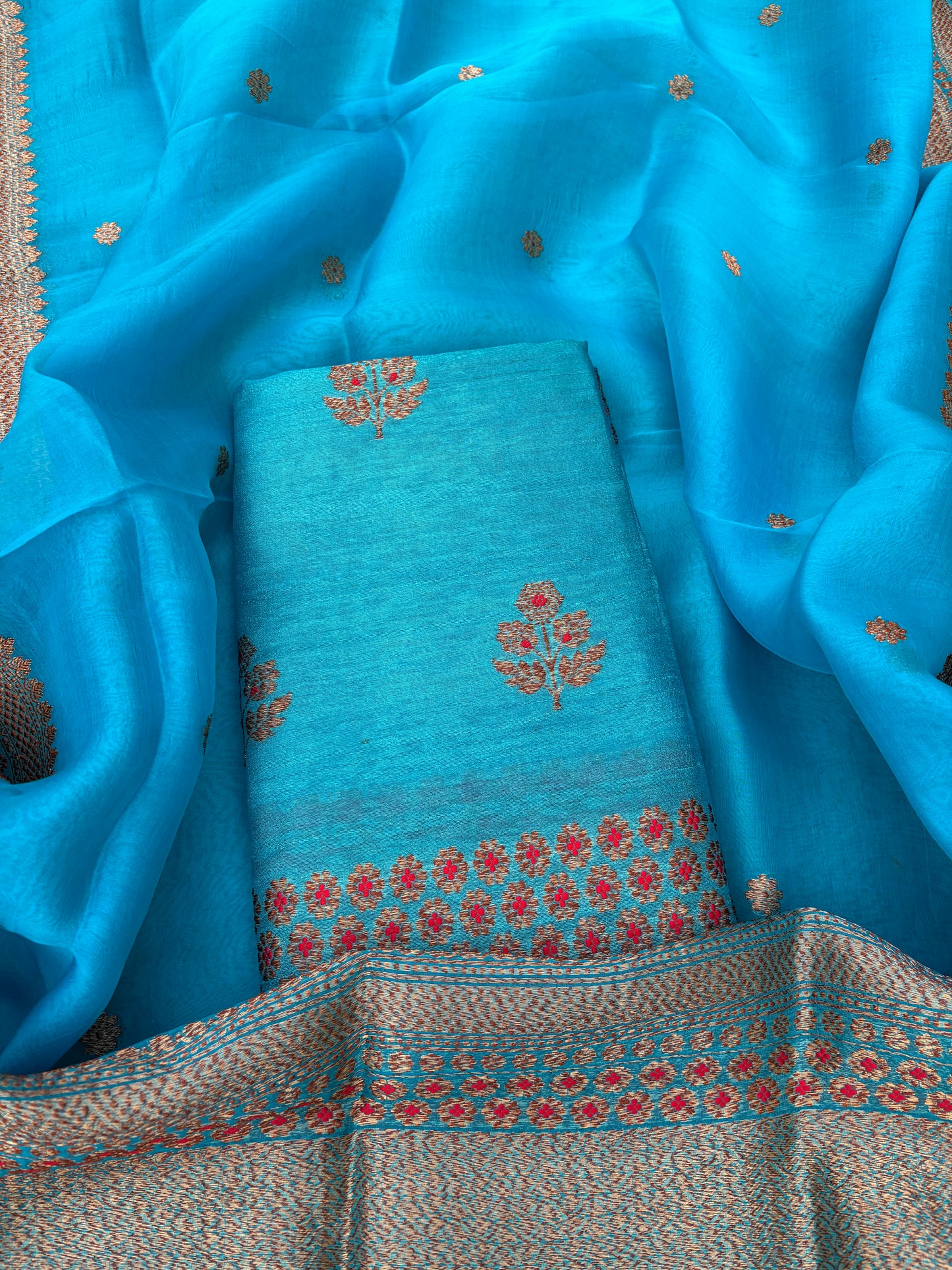 Warm blue raw silk tussar kadhwa suit, kora silk dupatta